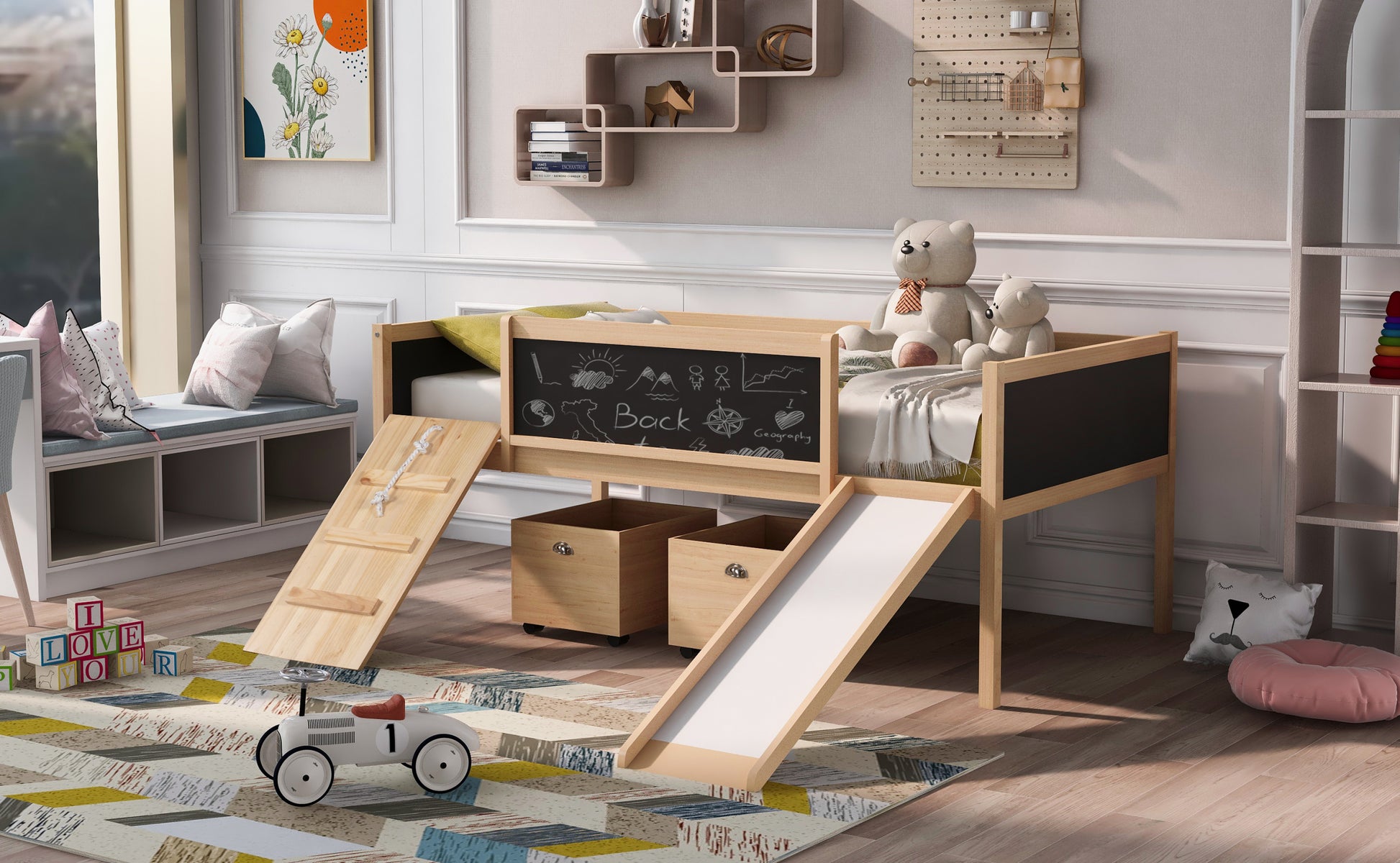 Twin Size Loft Bed Wood Bed With Two Storage Boxes Natrual Old Sku: Lp000075Aam Natural Solid Wood