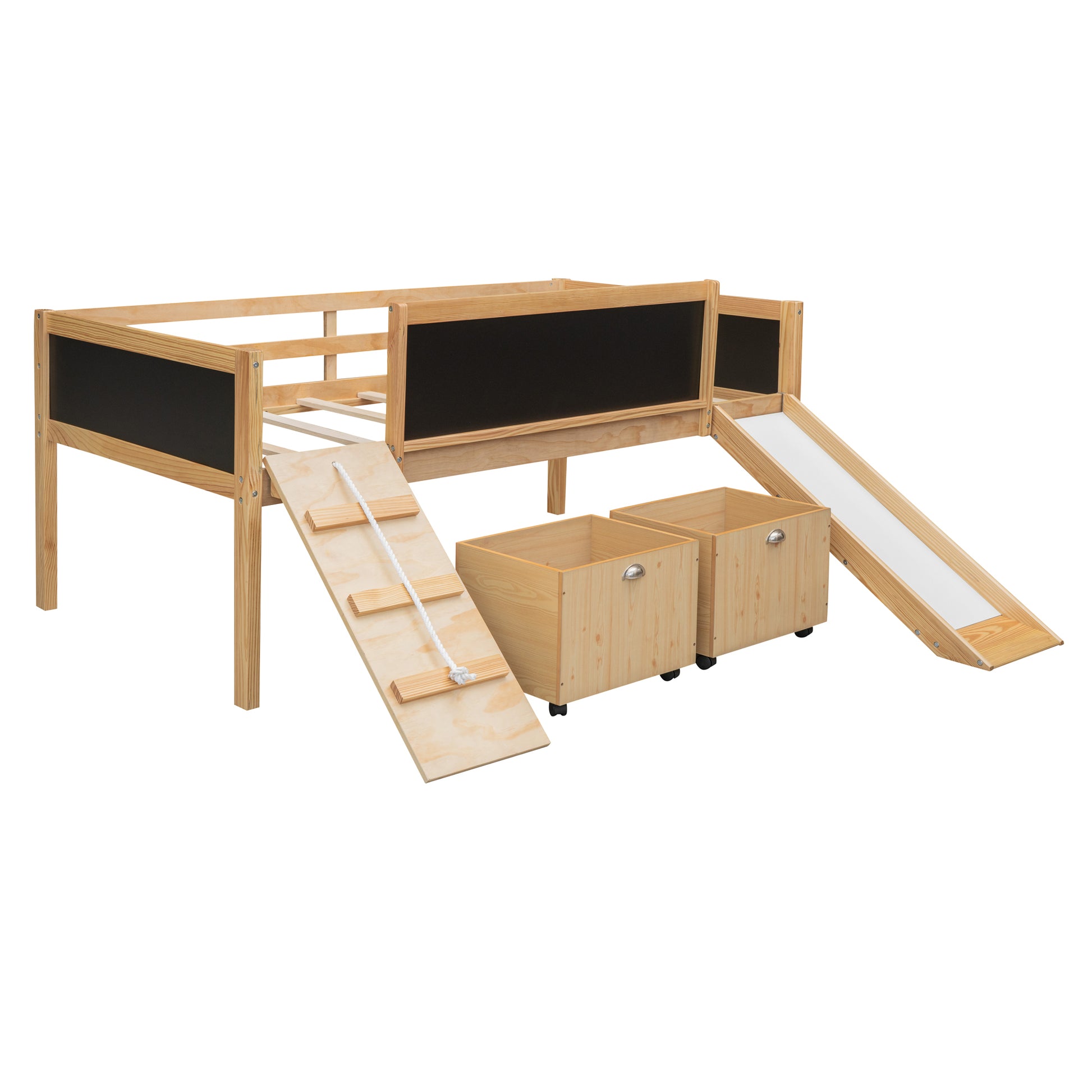 Twin Size Loft Bed Wood Bed With Two Storage Boxes Natrual Old Sku: Lp000075Aam Natural Solid Wood