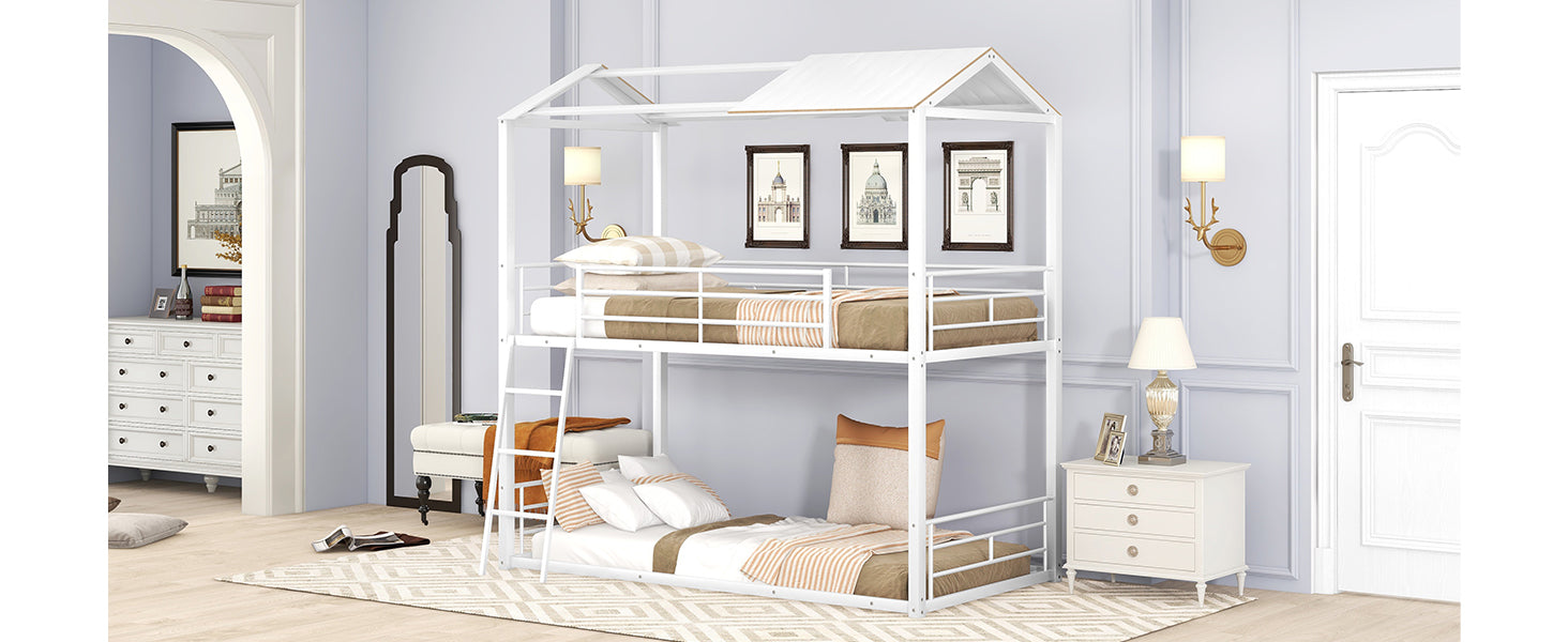 Twin Over Twin Bunk Bed Metal Bed With Half Roof, Guardrail And Ladder White White Metal