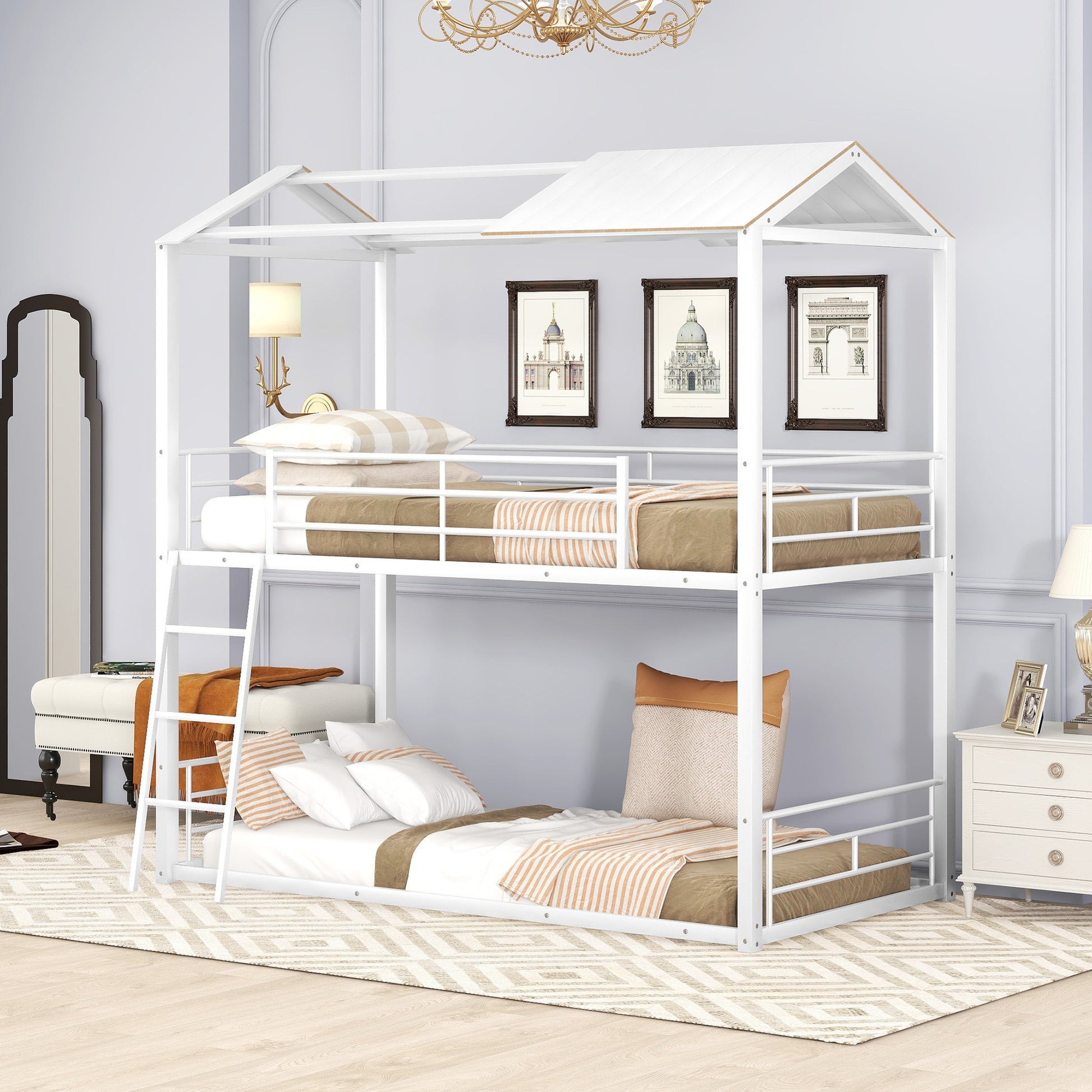 Twin Over Twin Bunk Bed Metal Bed With Half Roof, Guardrail And Ladder White White Metal