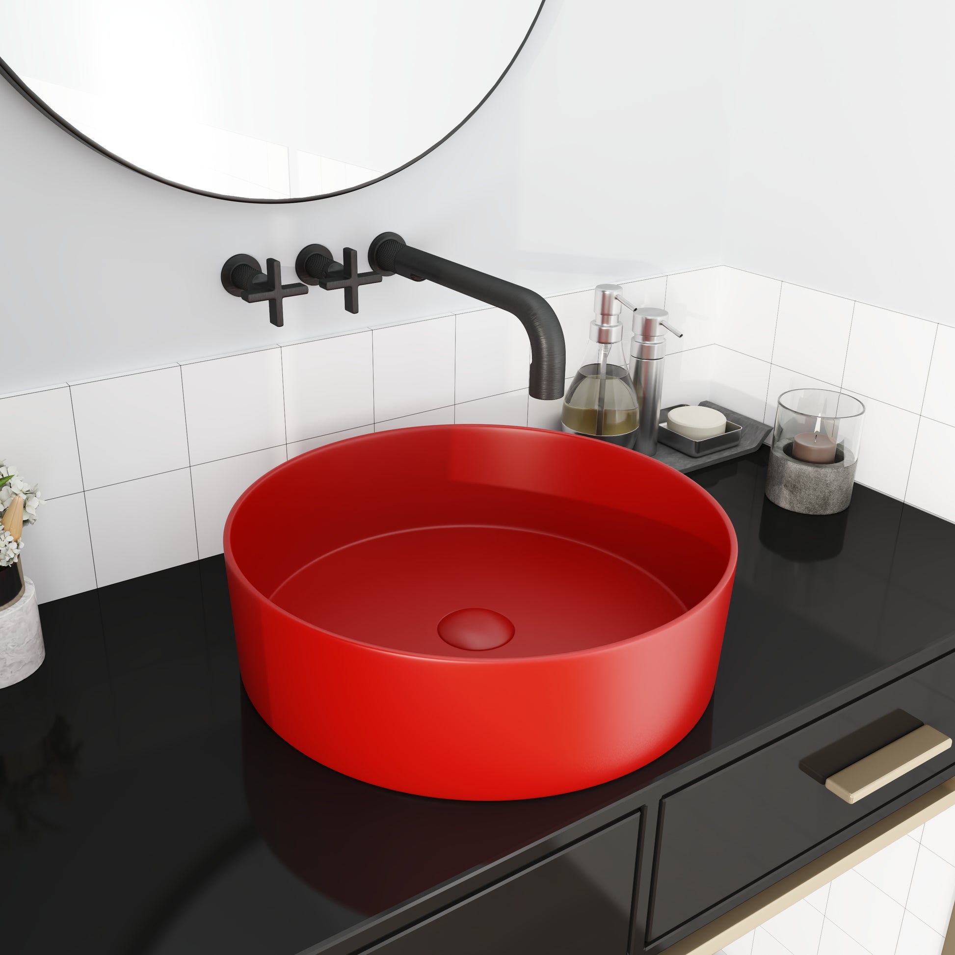 Ceramic Circular Vessel Bathroom Sink Art Sink Red Ceramic