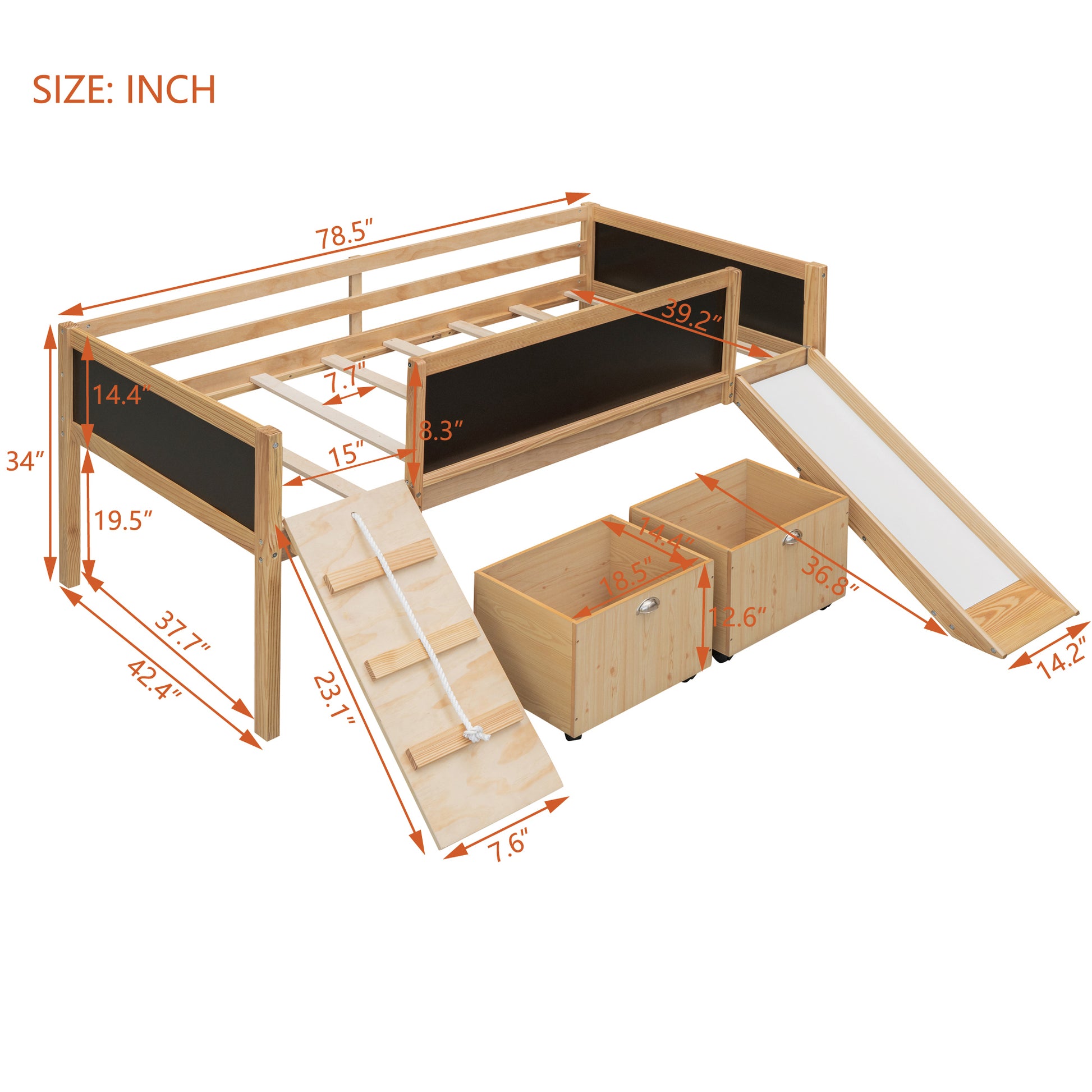 Twin Size Loft Bed Wood Bed With Two Storage Boxes Natrual Old Sku: Lp000075Aam Natural Solid Wood
