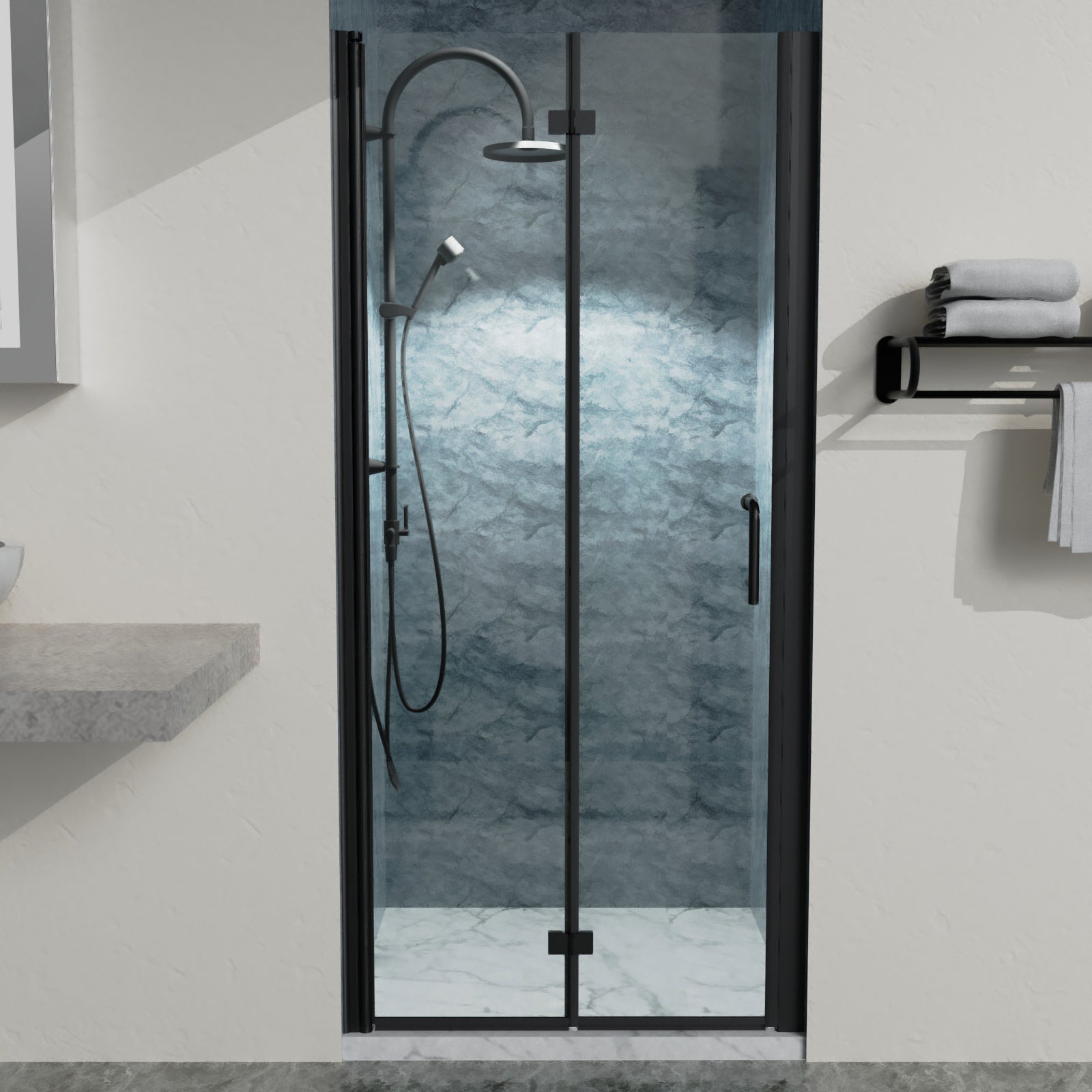 34 To 35 3 8 In. W X 72 In. H Bi Fold Semi Frameless Shower Doors In Matte Black With Clear Glass Black Aluminium