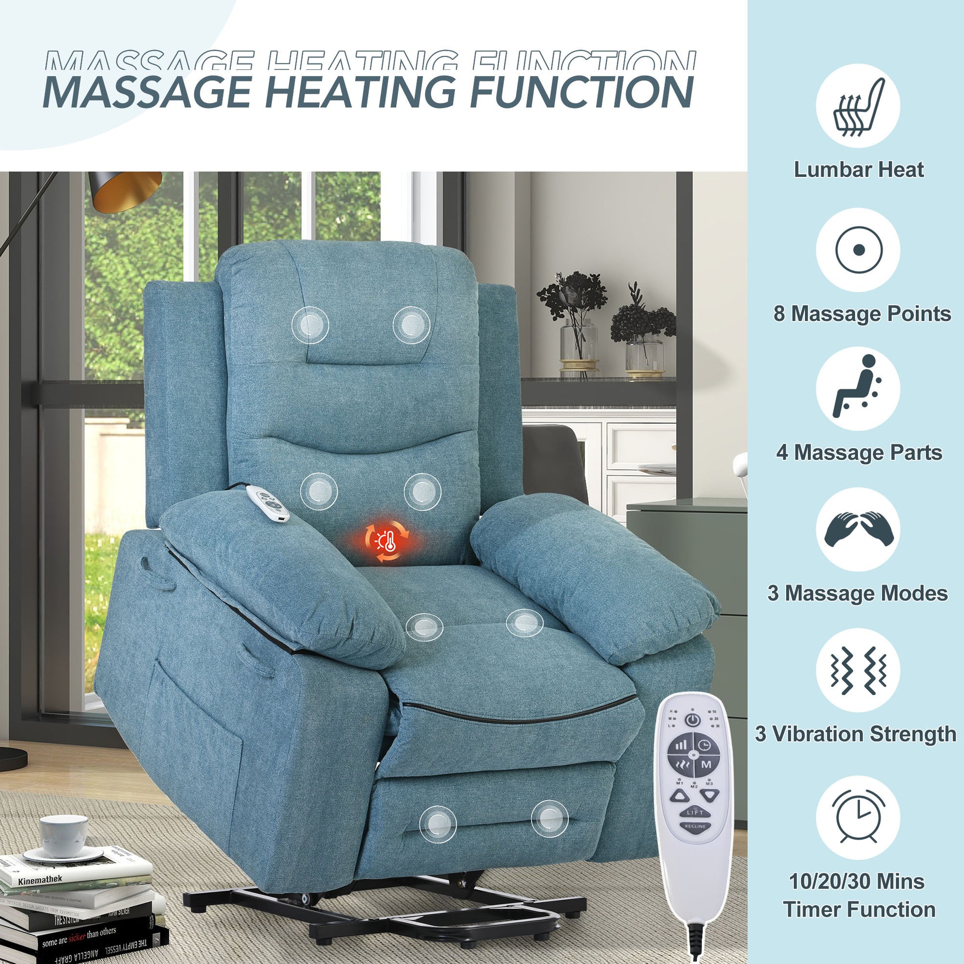 Massage Recliner,Power Lift Chair For Elderly With Adjustable Massage And Heating Function,Recliner Chair With Infinite Position And Side Pocket For Living Room ,Blue Blue Foam Linen