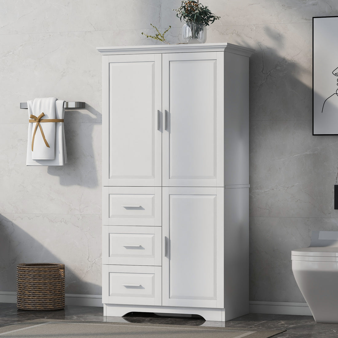 Tall And Wide Storage Cabinet With Doors For Bathroom Office, Three Drawers, White White Mdf