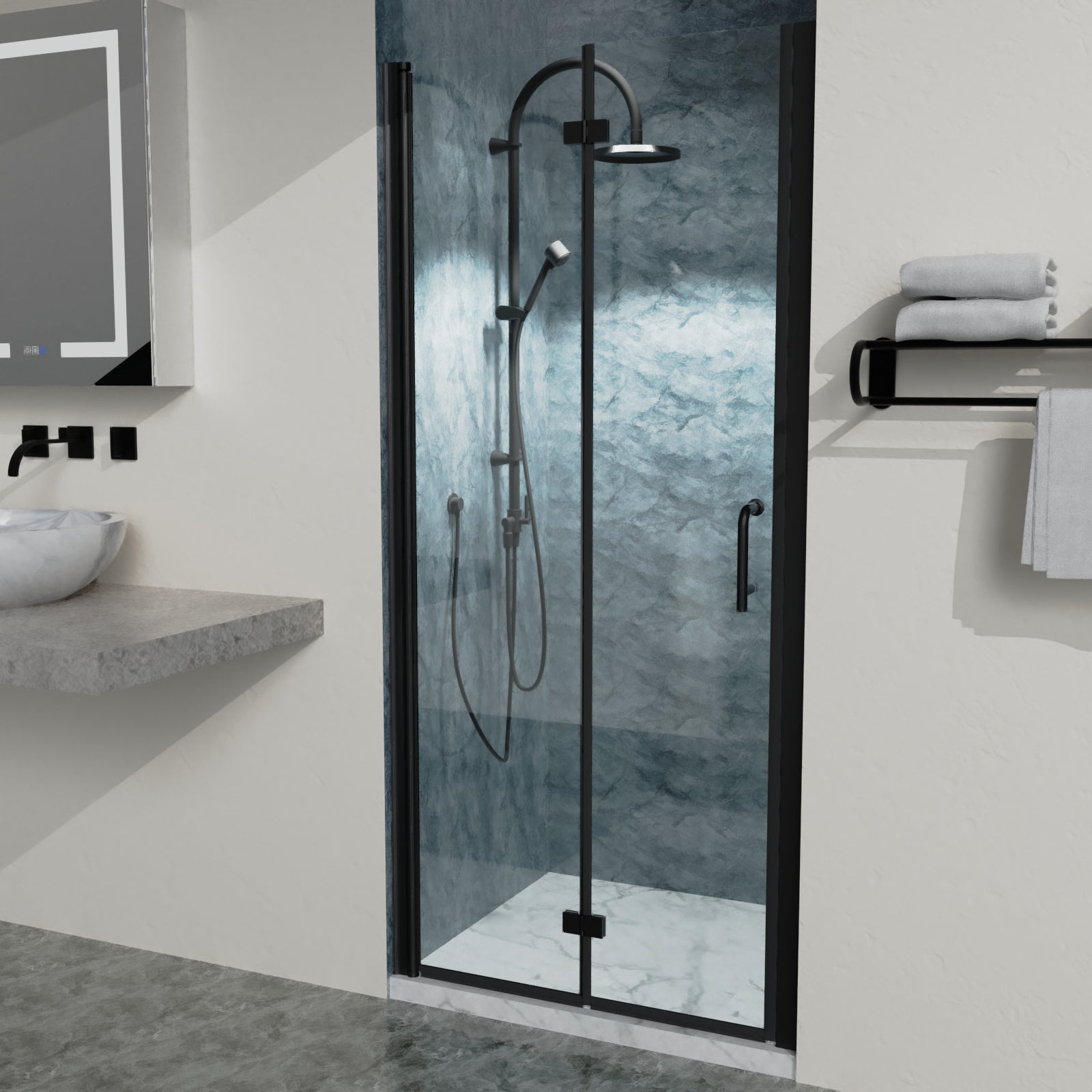 34 To 35 3 8 In. W X 72 In. H Bi Fold Semi Frameless Shower Doors In Matte Black With Clear Glass Black Aluminium