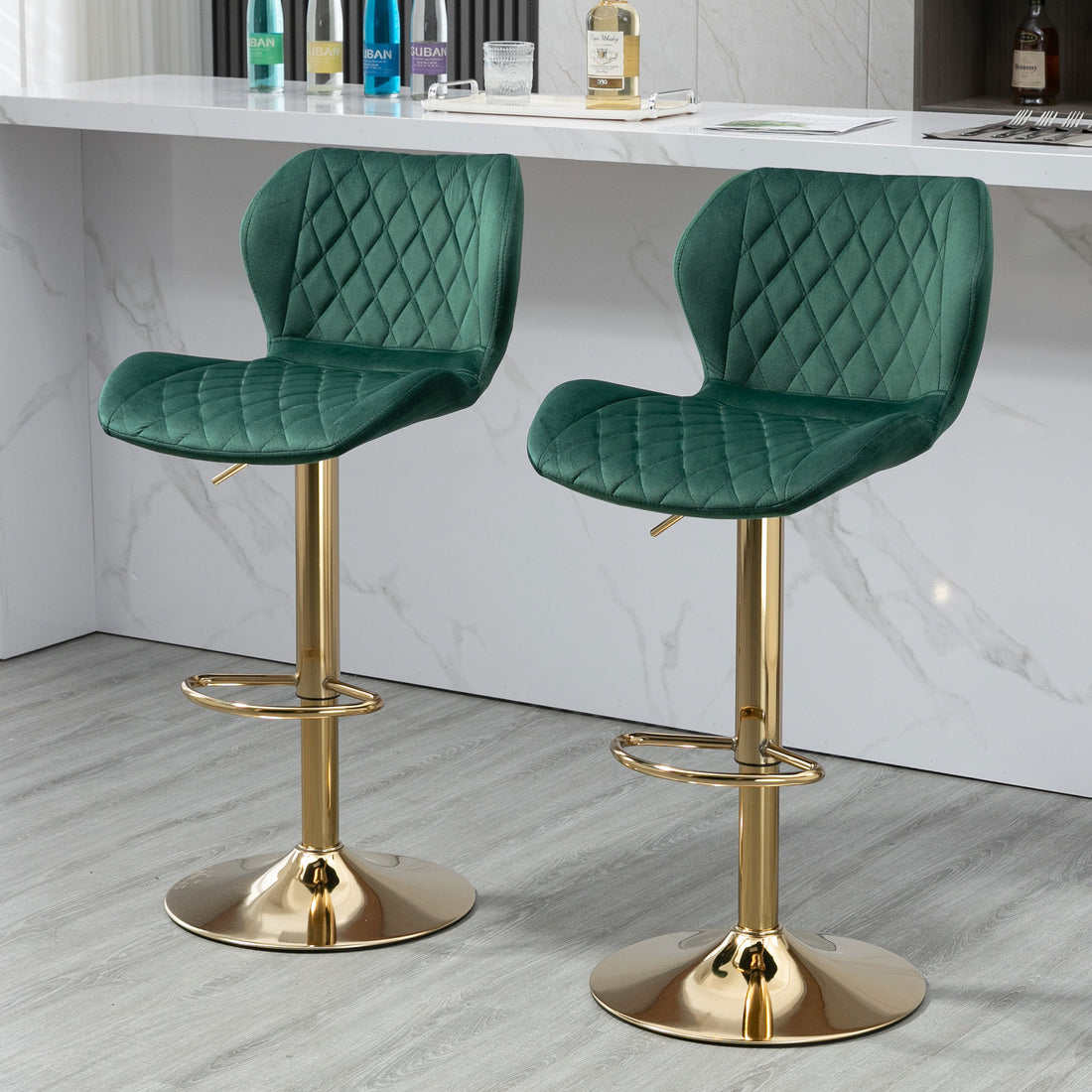 Green Velvet Adjustable Swivel Bar Stools Set Of 2 Modern Counter Height Barstools With Golden Color Base Green Kitchen Modern Foam Velvet