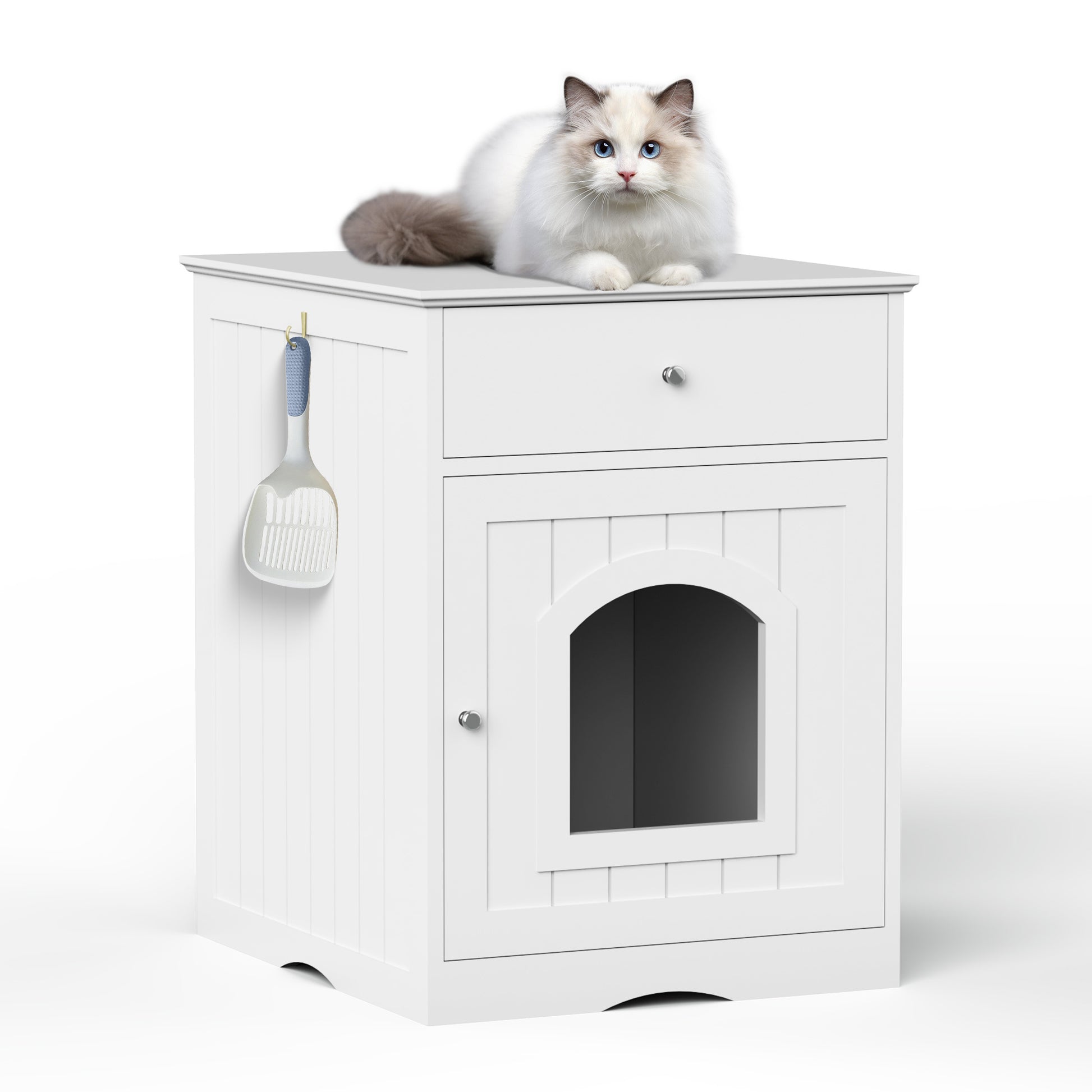 Wooden Pet House Cat Litter Box Enclosure With Drawer, Side Table, Indoor Pet Crate, Cat Home Nightstand White White Solid Wood