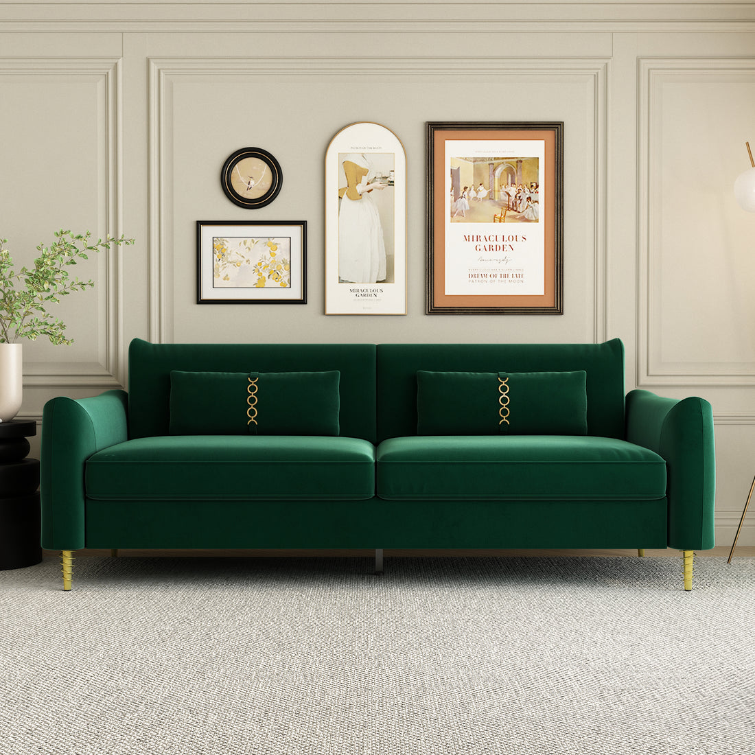 Fx P19 Rg Sofa 85.8Inch Velvet Sofa Couch Luxury Modern Upholstered Sofa With 2 Pillows For Livingroom Retro Green Velvet 2 Seat