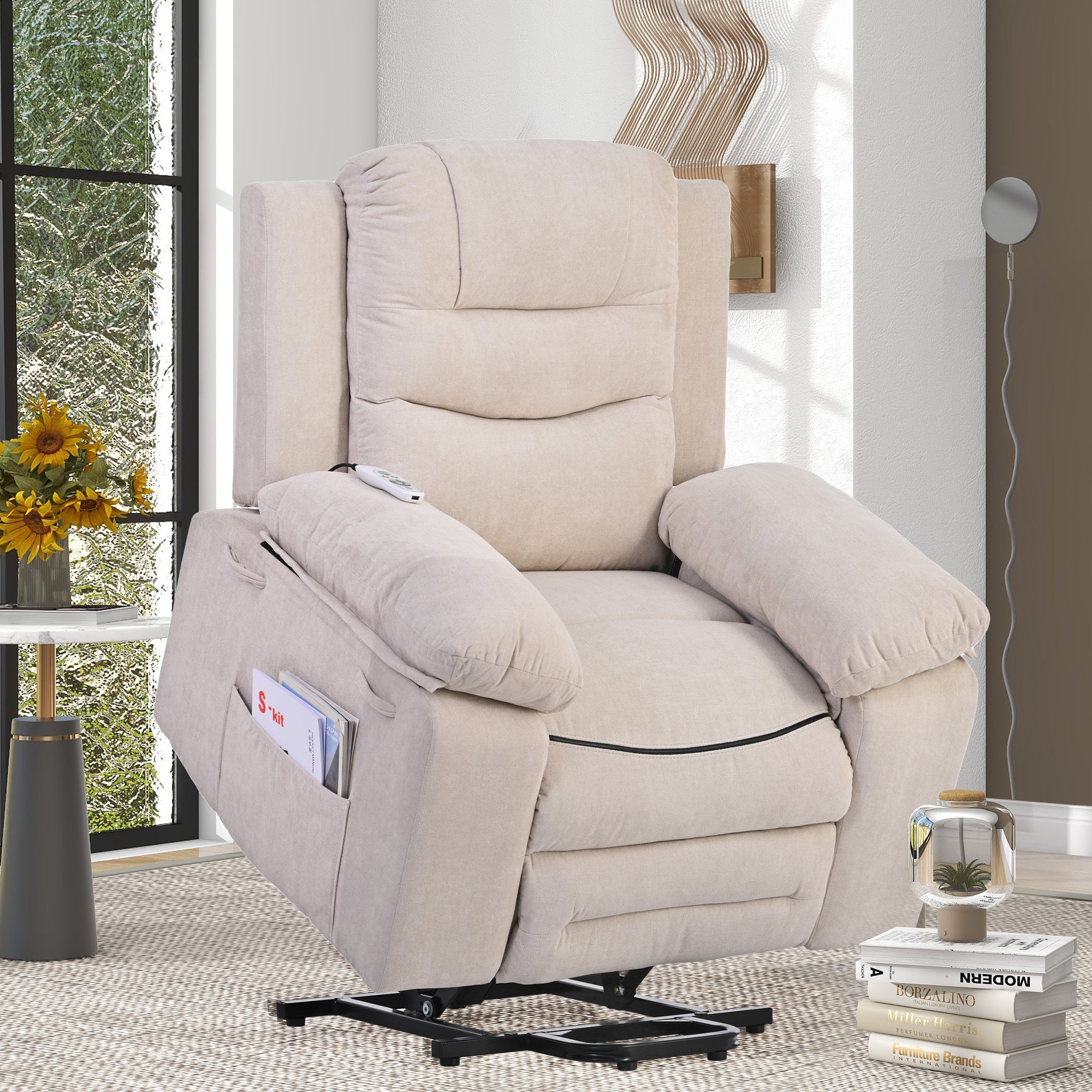 Massage Recliner,Power Lift Chair for Elderly with beige-foam-linen