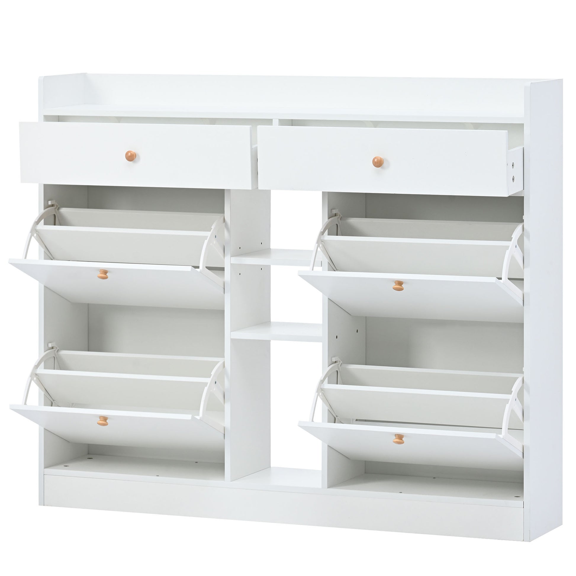 Modern Shoe Cabinet With 4 Flip Drawers, Multifunctional 2 Tier Shoe Storage Organizer With Drawers, Free Standing Shoe Rack For Entrance Hallway, White. White Particle Board