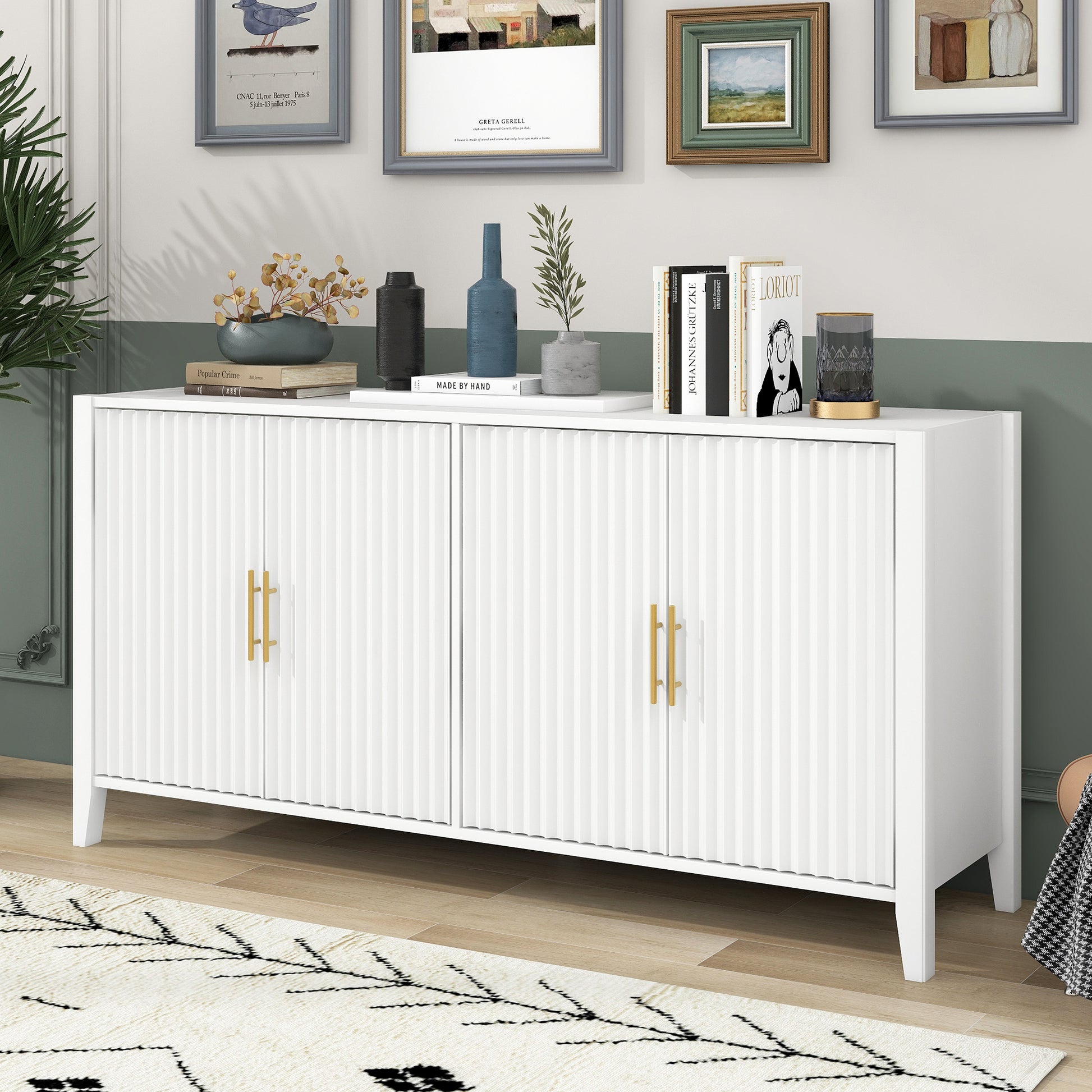 Accent Storage Cabinet Sideboard Wooden Cabinet With Metal Handles For Hallway, Entryway, Living Room White Solid Wood Mdf