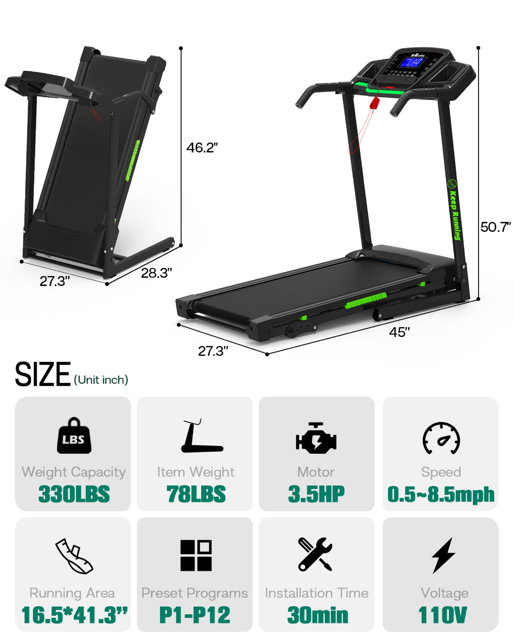 Foldable Treadmill with Incline, Folding Treadmill for black-stainless steel