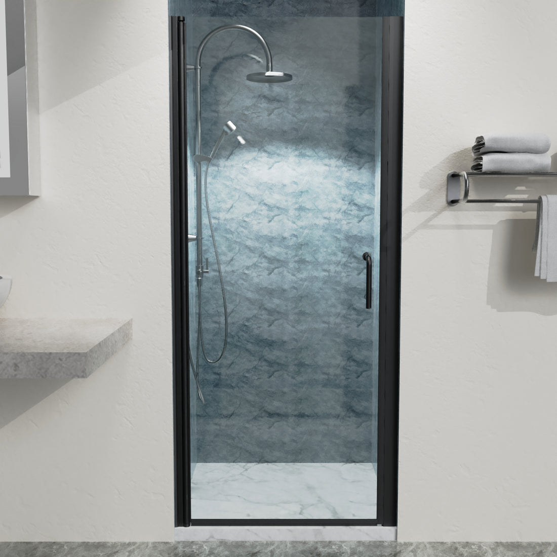 32 In. To 33 3 8 In. X 72 In Semi Frameless Pivot Shower Door In Matte Black With Clear Glass Matt Black Aluminium