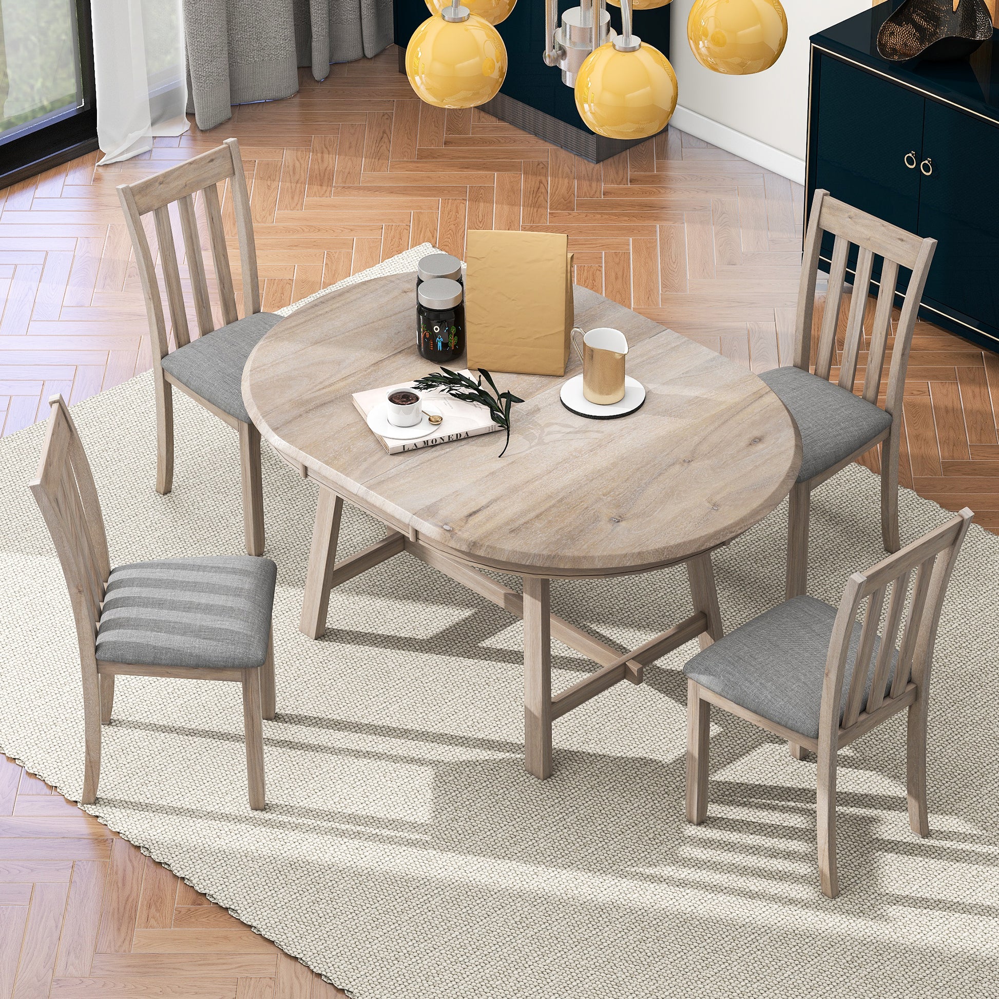 5 Piece Wood Dining Table Set Round Extendable Dining Table With 4 Dining Chairs, Dining Room Table Set For 4 Person For Dining Room Natural Wood Wash Natural Wood Wash Solid Wood