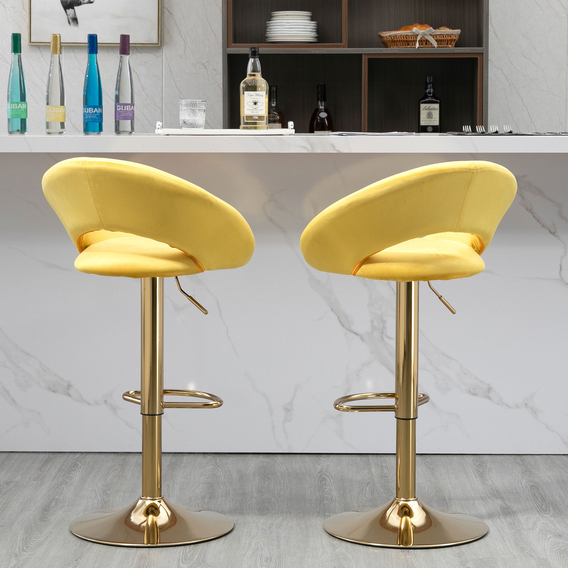 Yellow Velvet Adjustable Modern Dining Chairs,Counter Height Bar Chair,Swivel Bar Stools Set Of 2 Yellow Kitchen Modern Foam Velvet