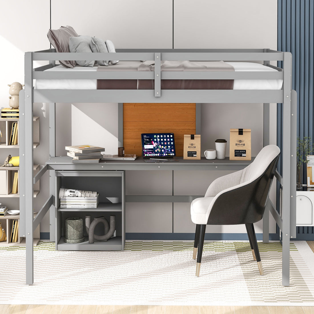 Full Size Loft Bed With Desk And Writing Board, Wooden Loft Bed With Desk & 2 Drawers Cabinet Gray Gray Solid Wood