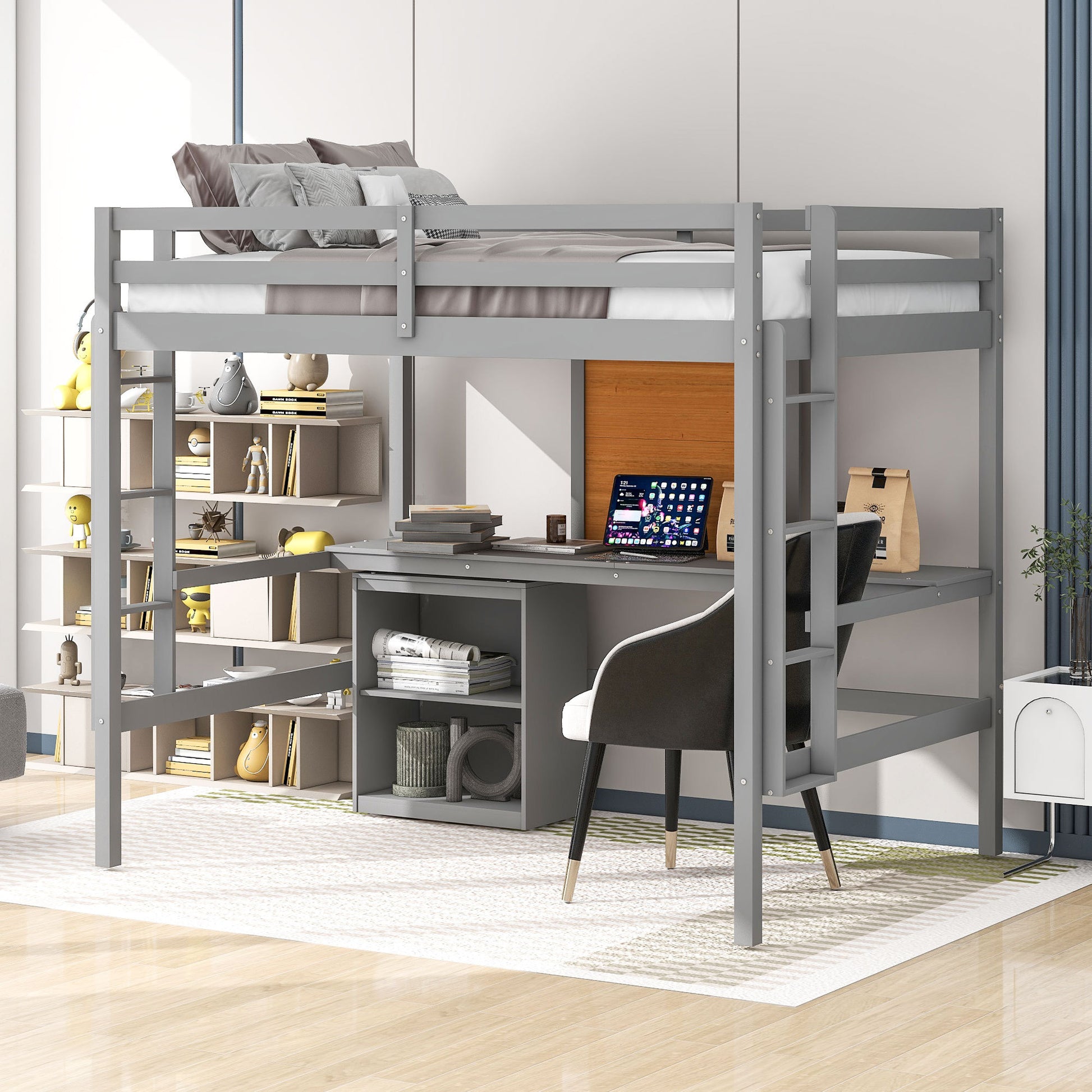 Full Size Loft Bed With Desk And Writing Board, Wooden Loft Bed With Desk & 2 Drawers Cabinet Gray Gray Solid Wood