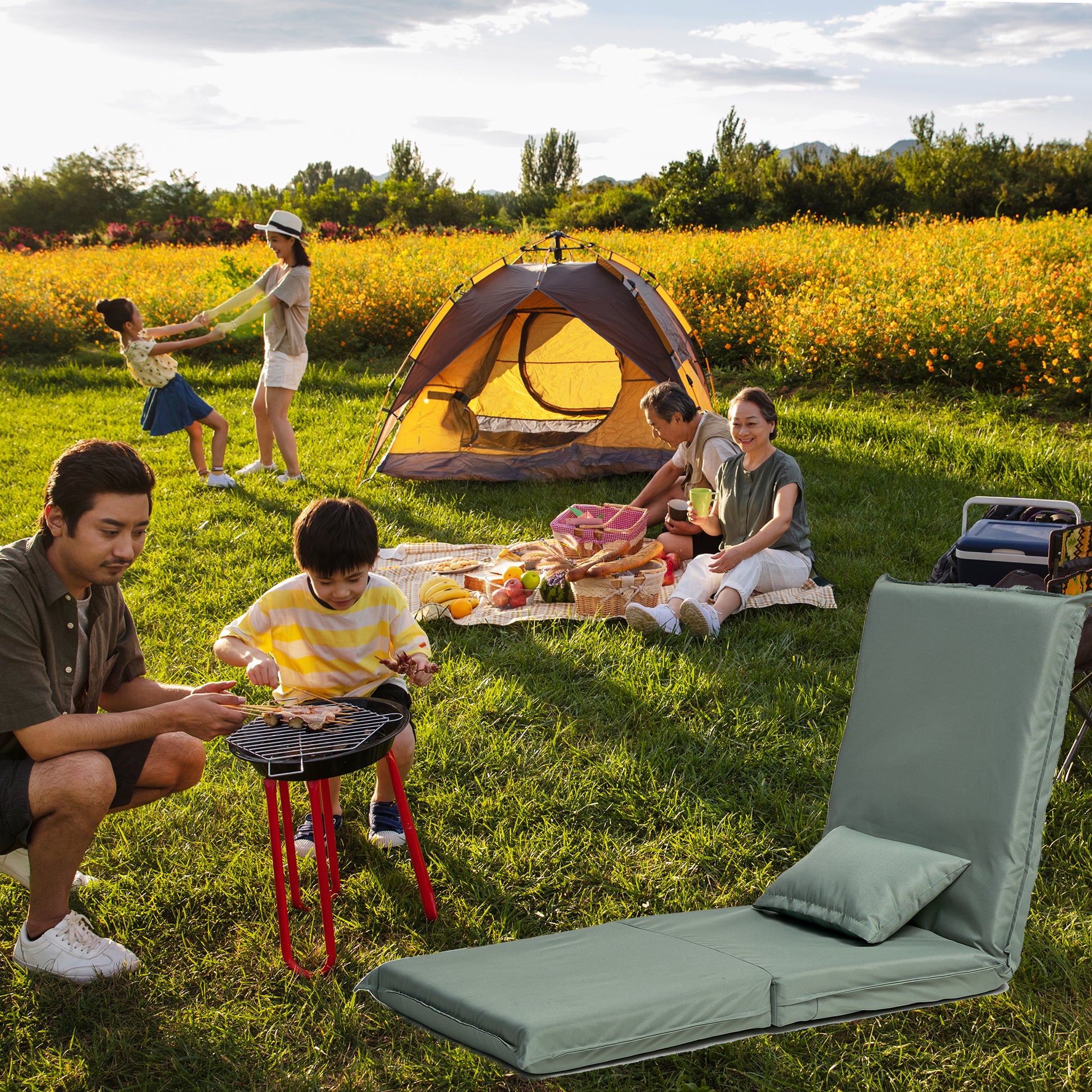 Foldable Portable Chair For Outdoor Travel, Picnic, Bbq,Camping Folding Adults With Carry Bag,Portable Chair For Outdoor Travel, Fourteen Position Adjustable Recliner Light Green Cotton Metal