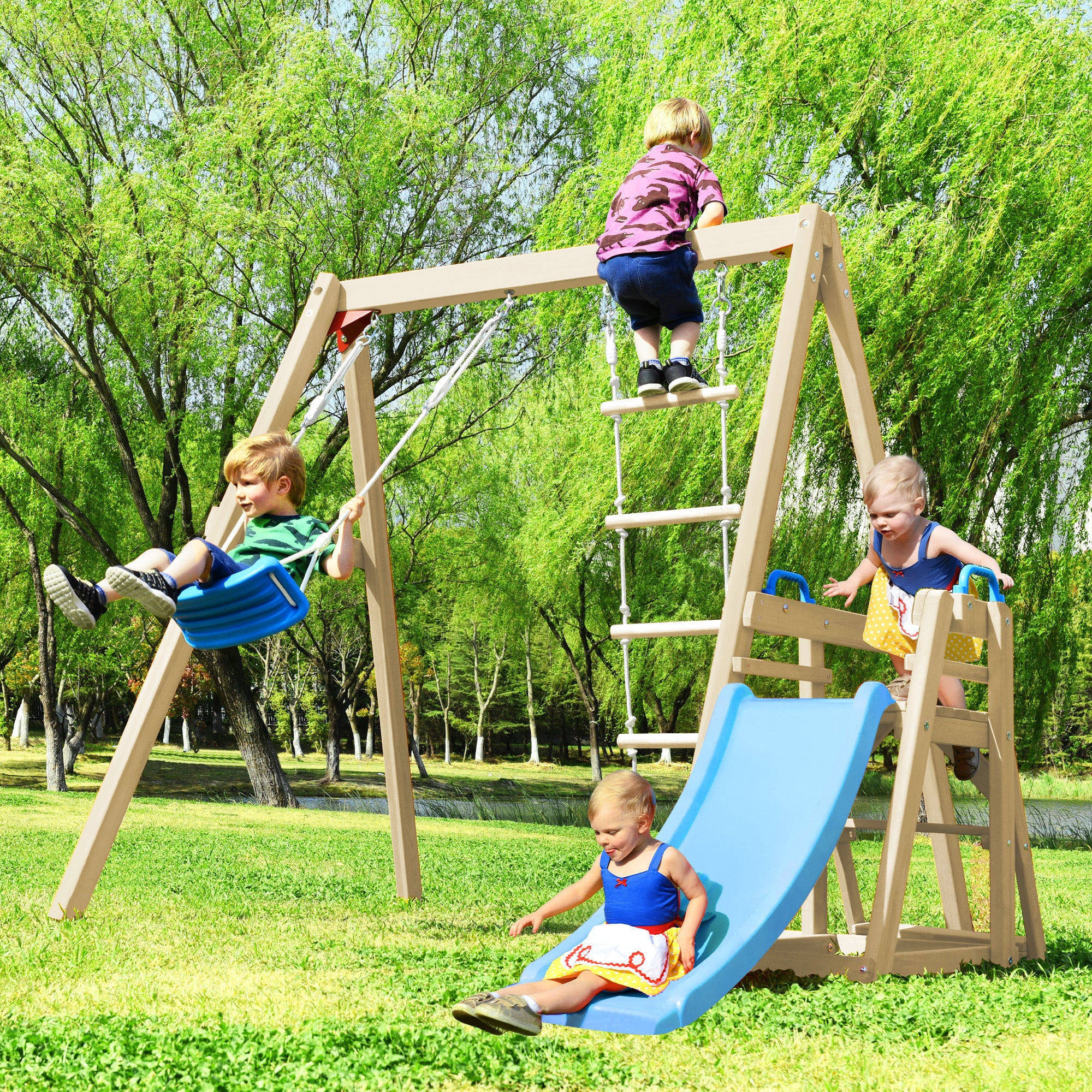 Wooden Swing Set with Slide, Outdoor Playset Backyard