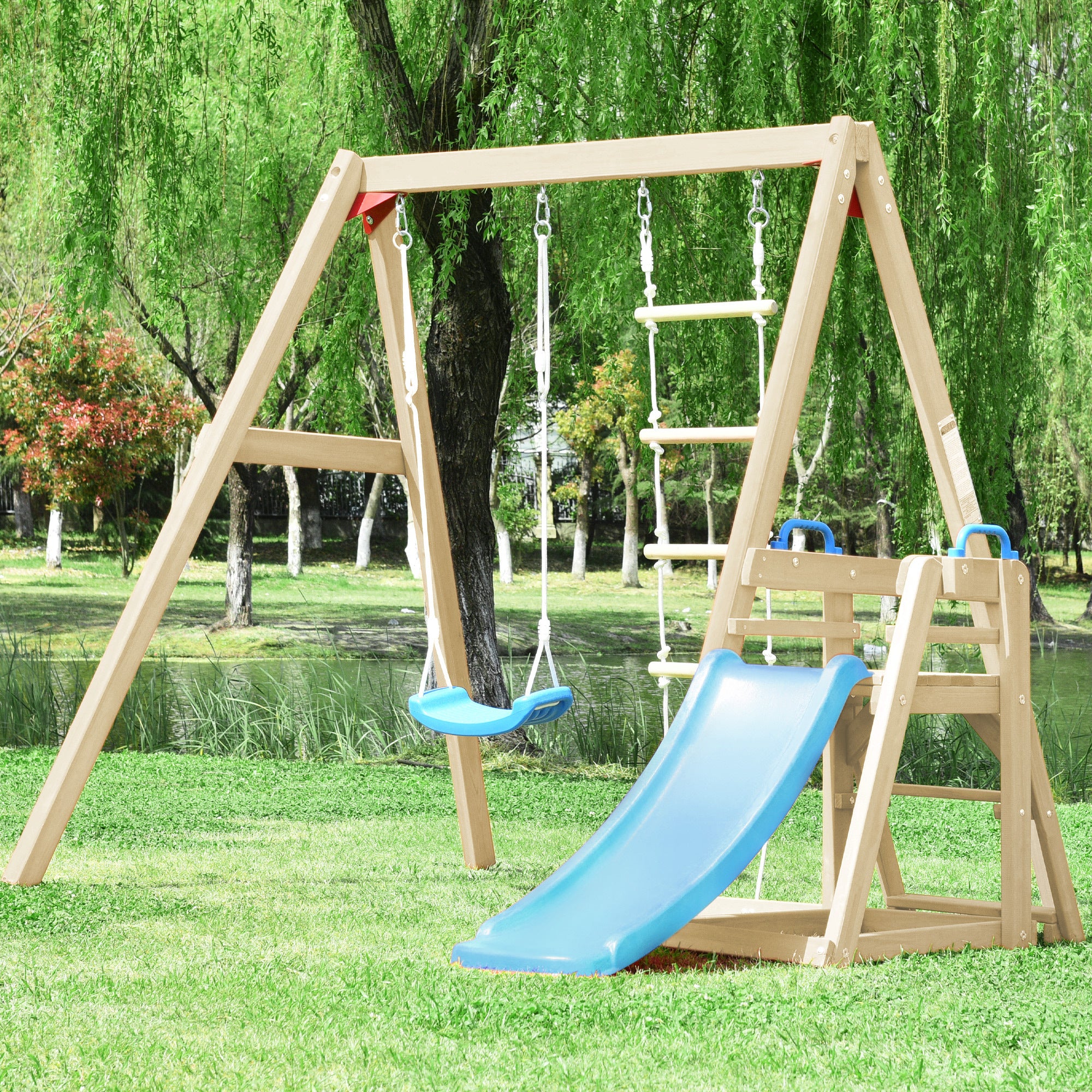 Wooden Swing Set with Slide, Outdoor Playset Backyard