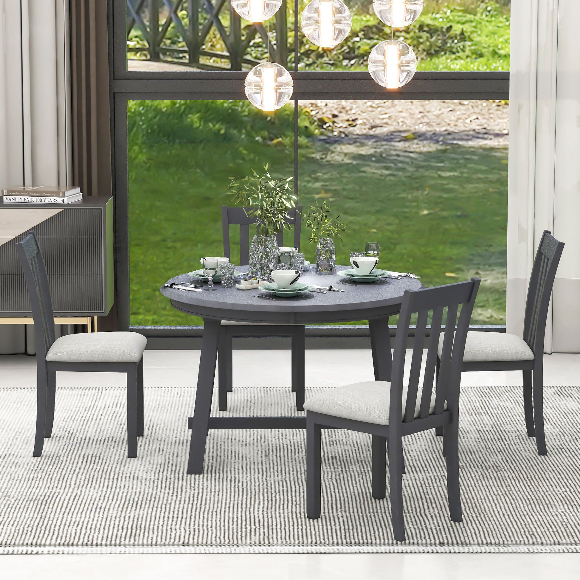 5 Piece Wood Dining Table Set Round Extendable Dining Table With 4 Dining Chairs, Dining Room Table Set For 4 Person For Dining Room Gray Gray Solid Wood