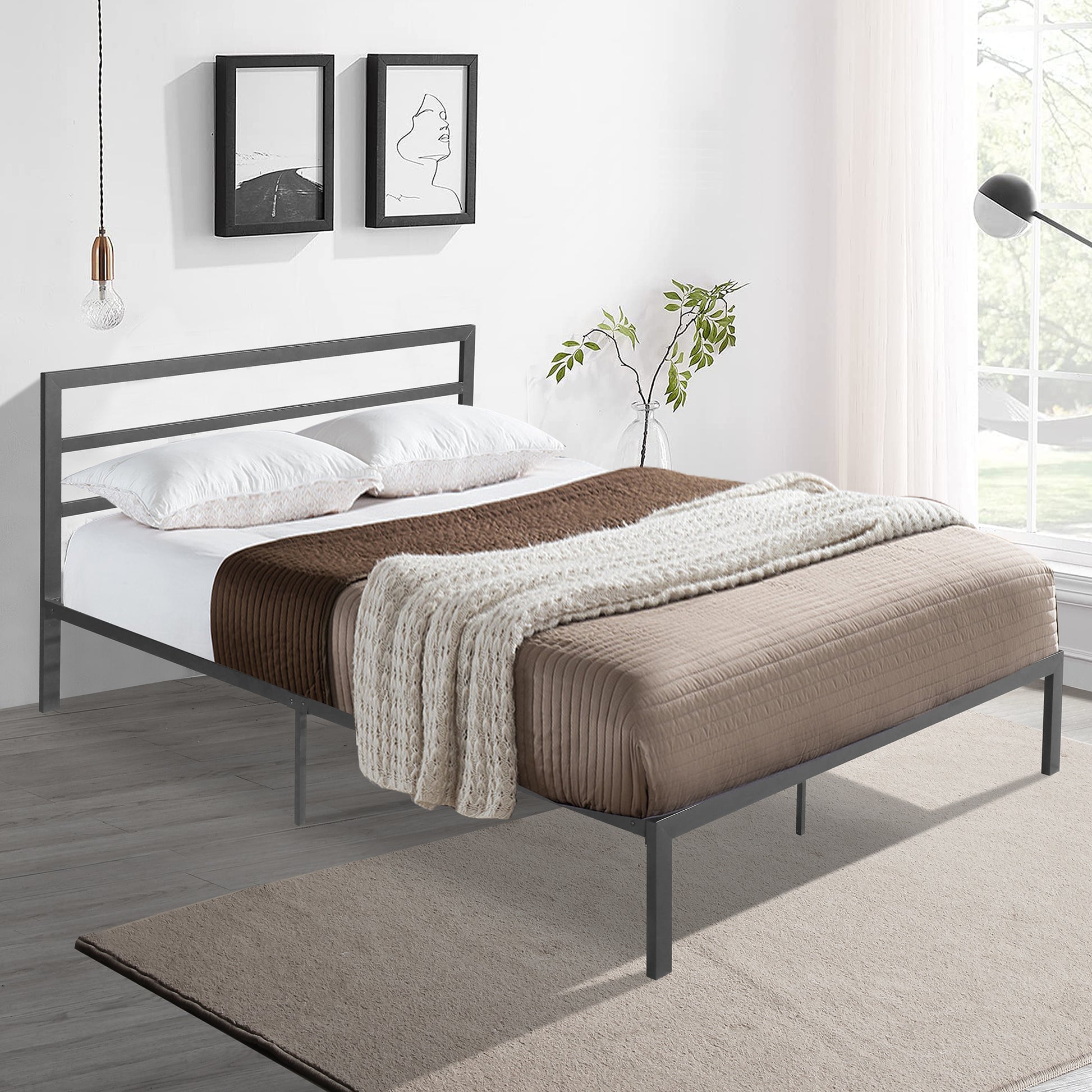 Queen Size Metal Bed Frame With Headboard Charcoal Grey Charcoal Grey Metal