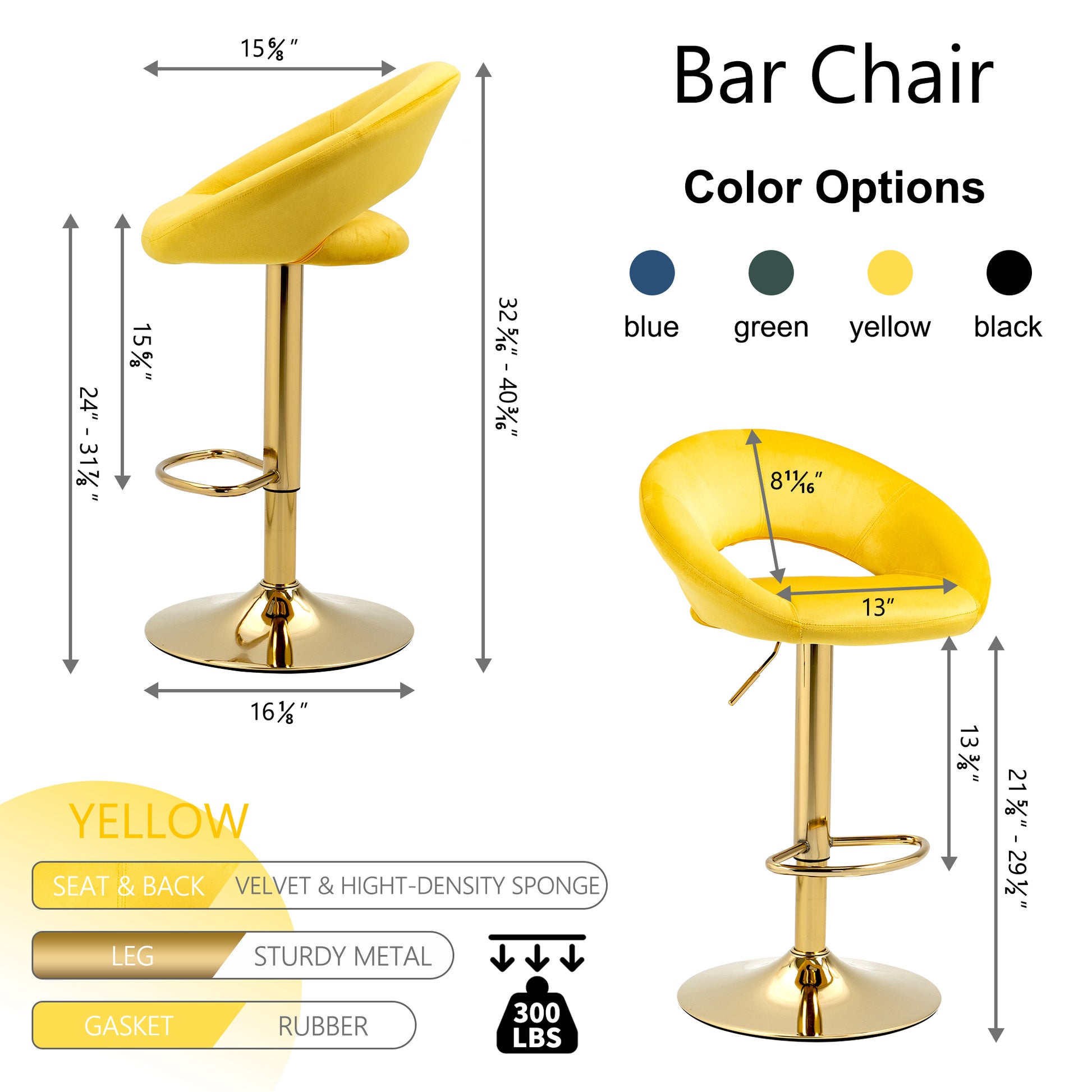 Yellow Velvet Adjustable Modern Dining Chairs,Counter Height Bar Chair,Swivel Bar Stools Set Of 2 Yellow Kitchen Modern Foam Velvet