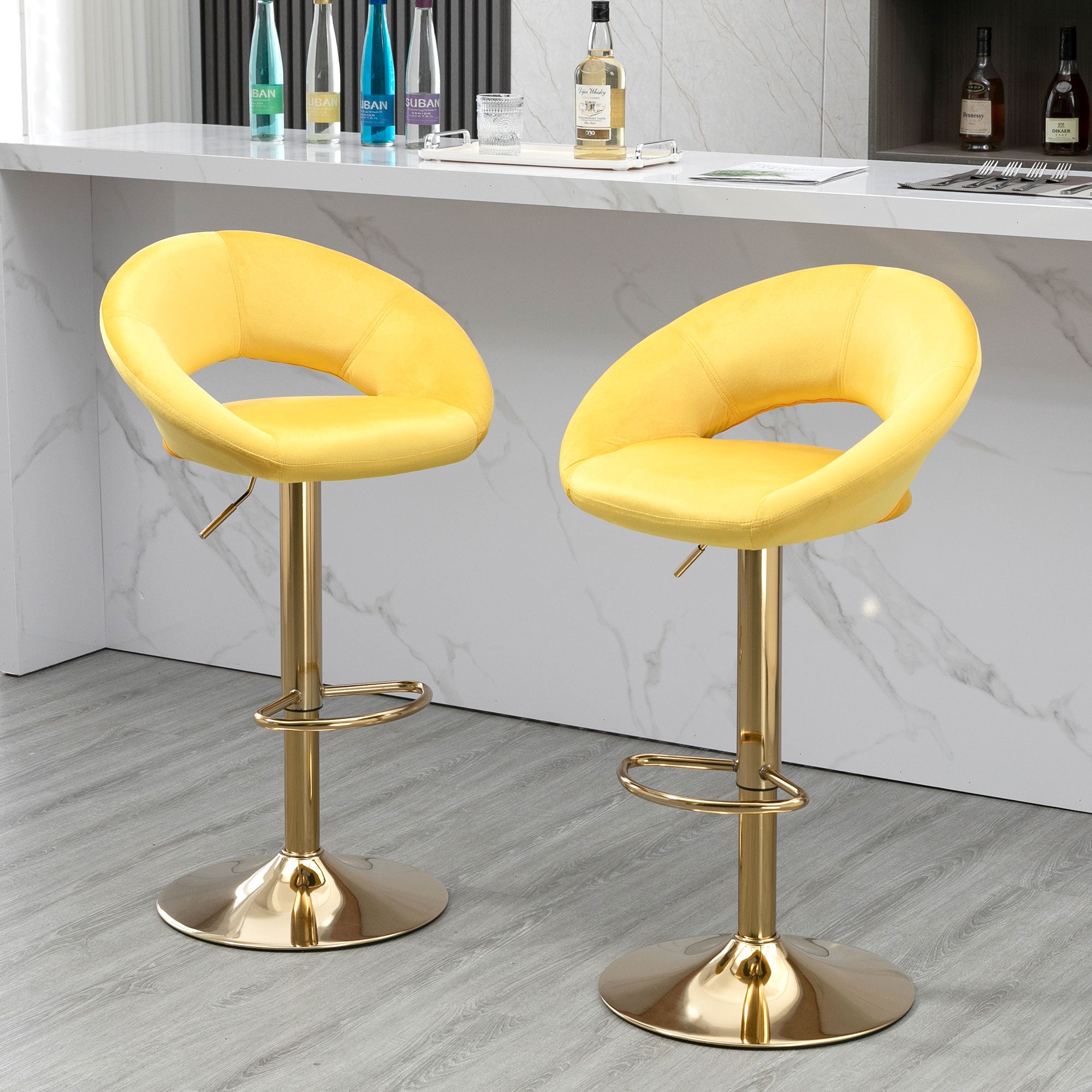 Yellow Velvet Adjustable Modern Dining Chairs,Counter Height Bar Chair,Swivel Bar Stools Set Of 2 Yellow Kitchen Modern Foam Velvet