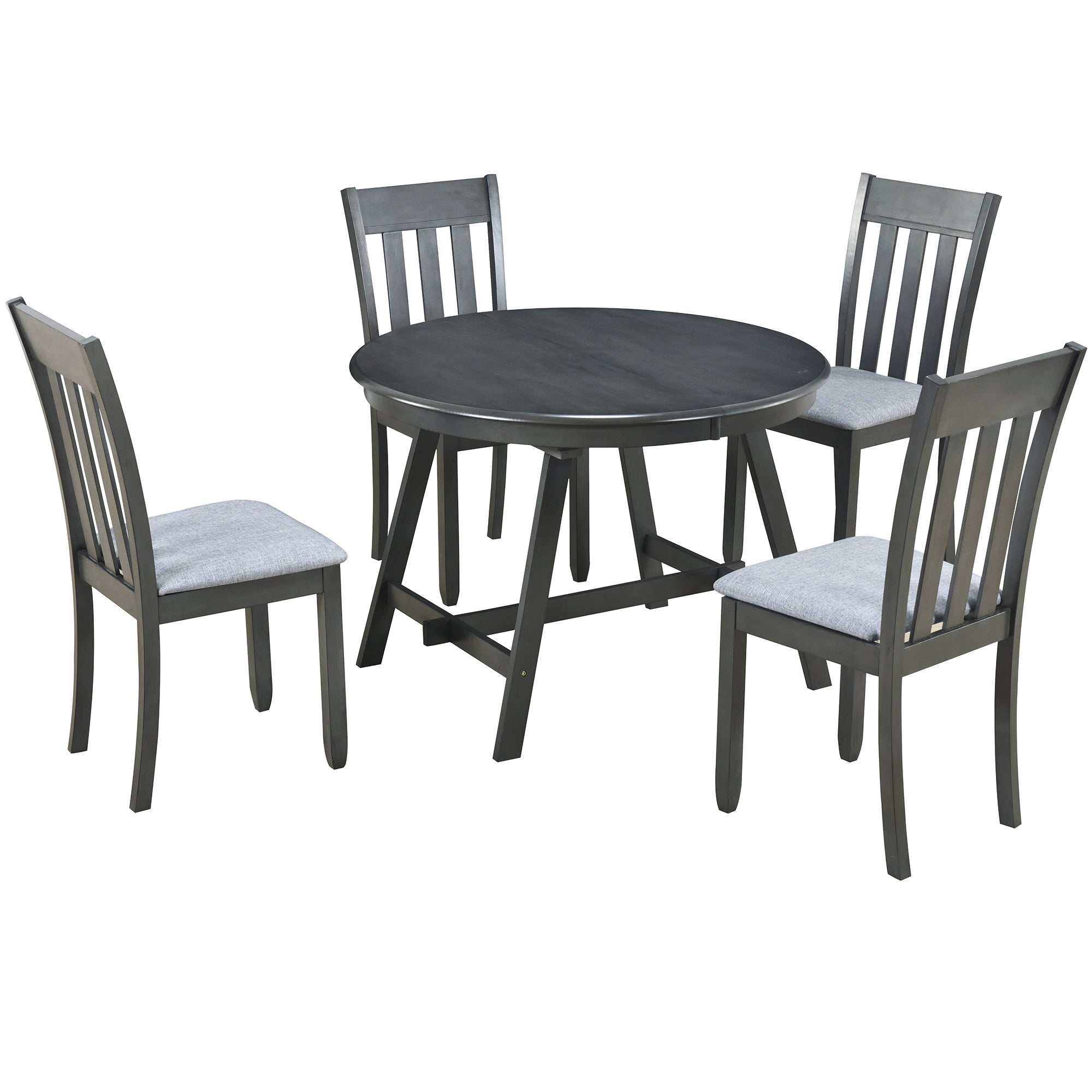 5 Piece Wood Dining Table Set Round Extendable Dining Table With 4 Dining Chairs, Dining Room Table Set For 4 Person For Dining Room Gray Gray Solid Wood