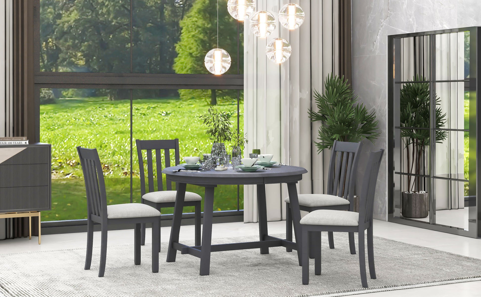 5 Piece Wood Dining Table Set Round Extendable Dining Table With 4 Dining Chairs, Dining Room Table Set For 4 Person For Dining Room Gray Gray Solid Wood