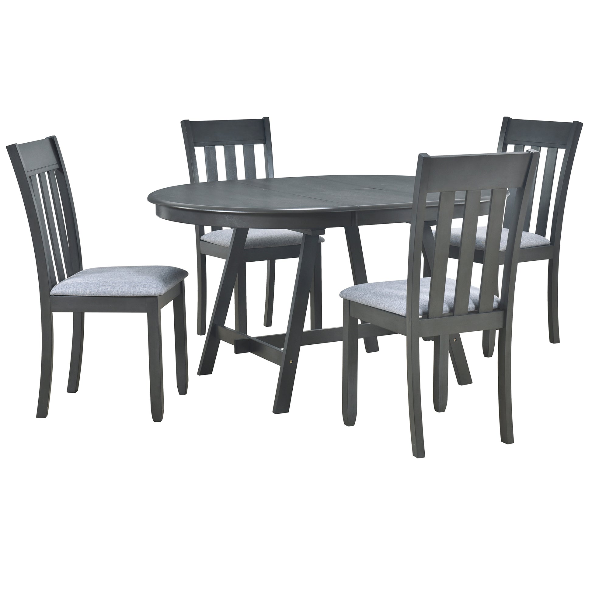 5 Piece Wood Dining Table Set Round Extendable Dining Table With 4 Dining Chairs, Dining Room Table Set For 4 Person For Dining Room Gray Gray Solid Wood