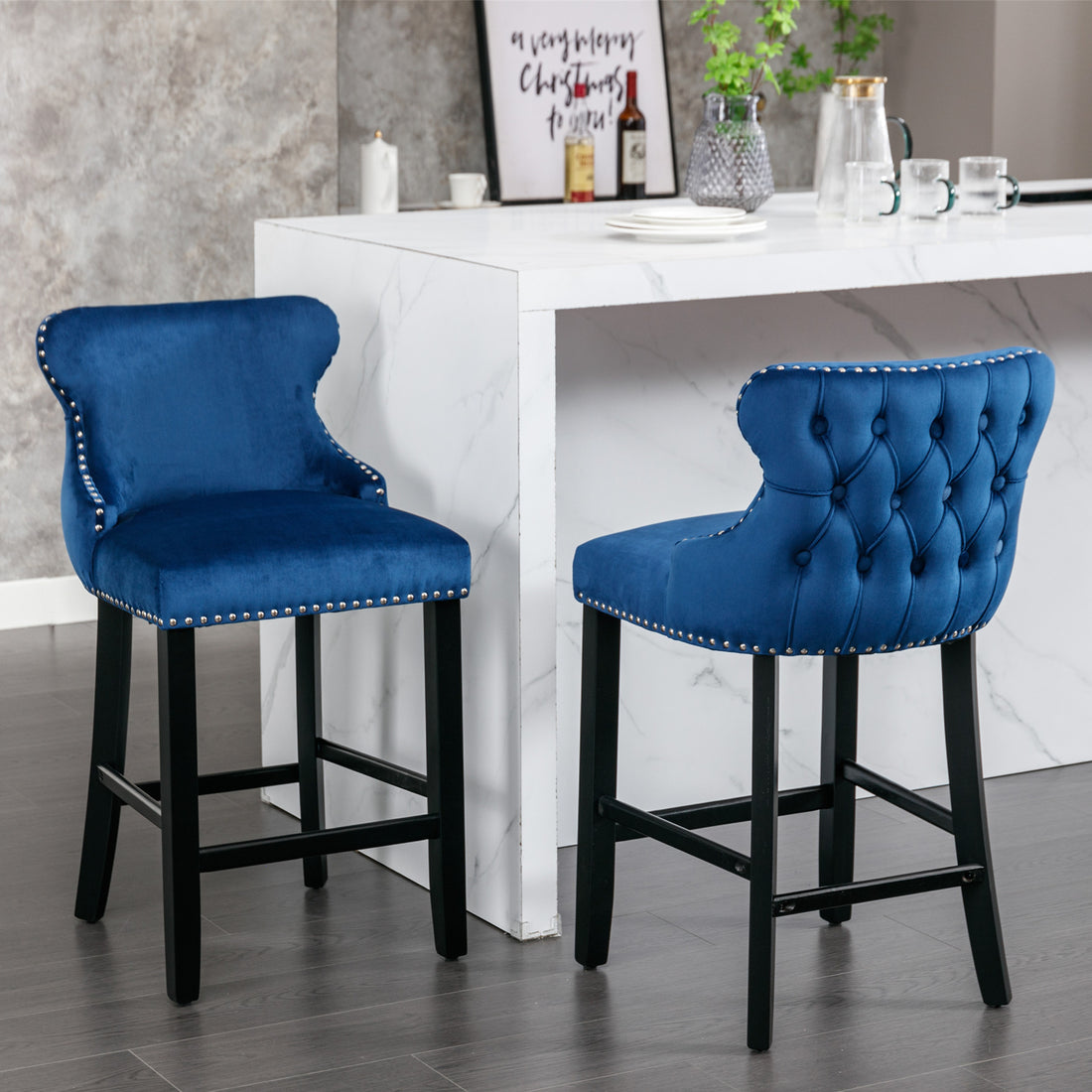 Contemporary Velvet Upholstered Wing Back Barstools With Button Tufted Decoration And Wooden Legs, And Chrome Trim, Leisure Style Bar Chairs,Bar Stools,Set Of 2 Blue ,Sw1824Bl Blue Foam Velvet