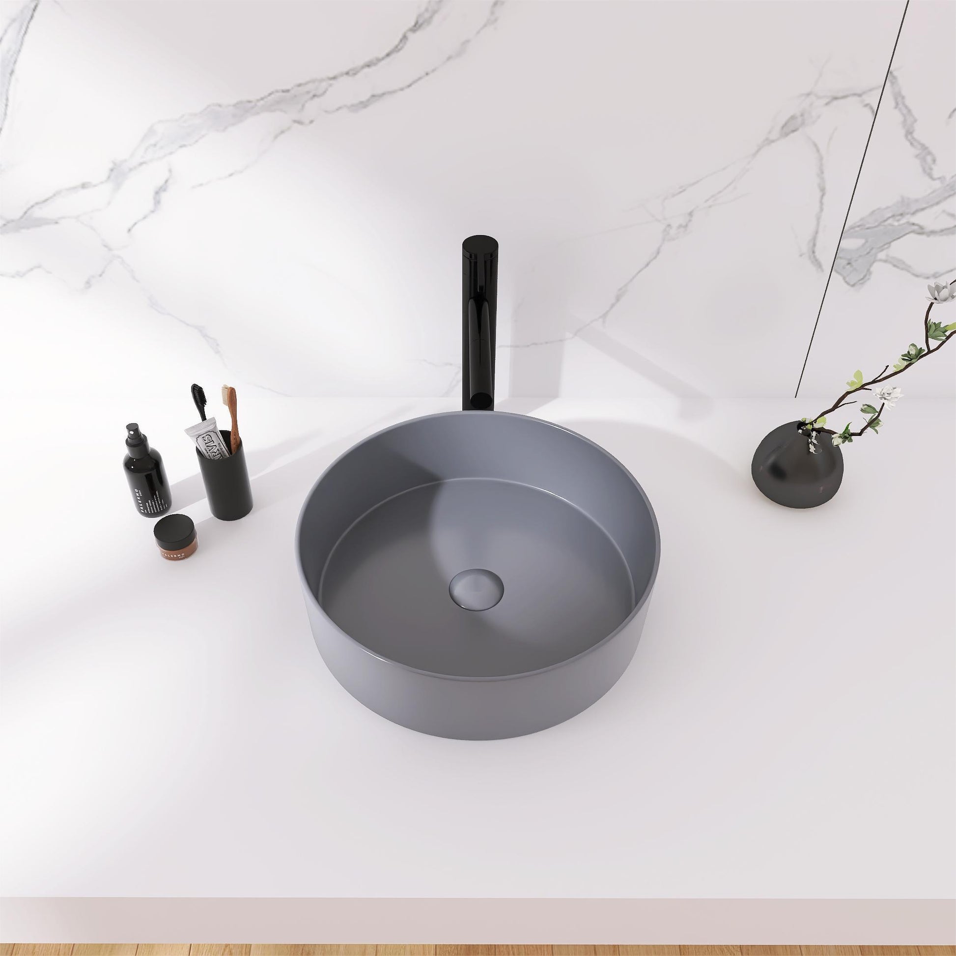 Ceramic Circular Vessel Bathroom Sink Art Sink Grey Ceramic