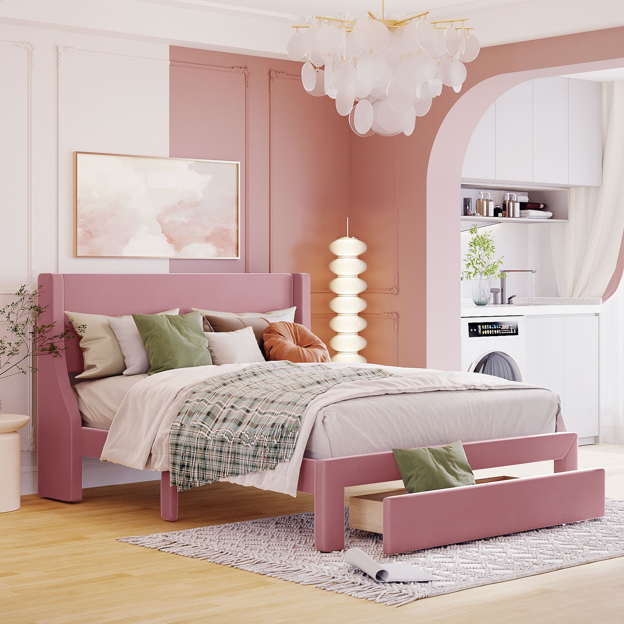 Queen Size Storage Bed Velvet Upholstered Platform Bed With A Big Drawer Pink Pink Velvet