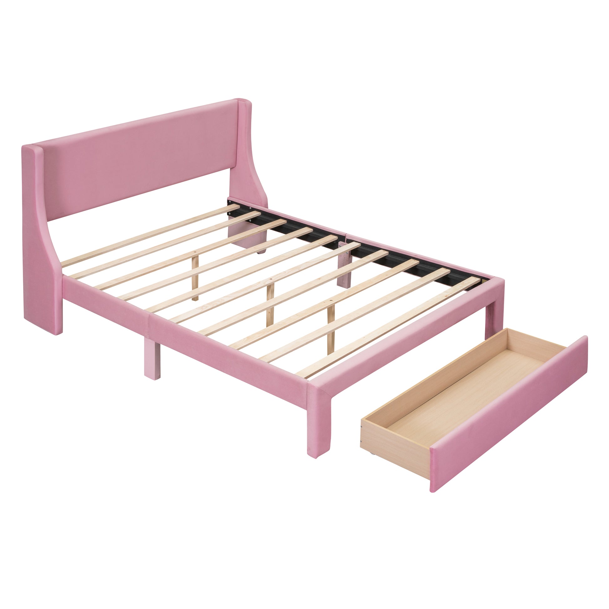 Queen Size Storage Bed Velvet Upholstered Platform Bed With A Big Drawer Pink Pink Velvet