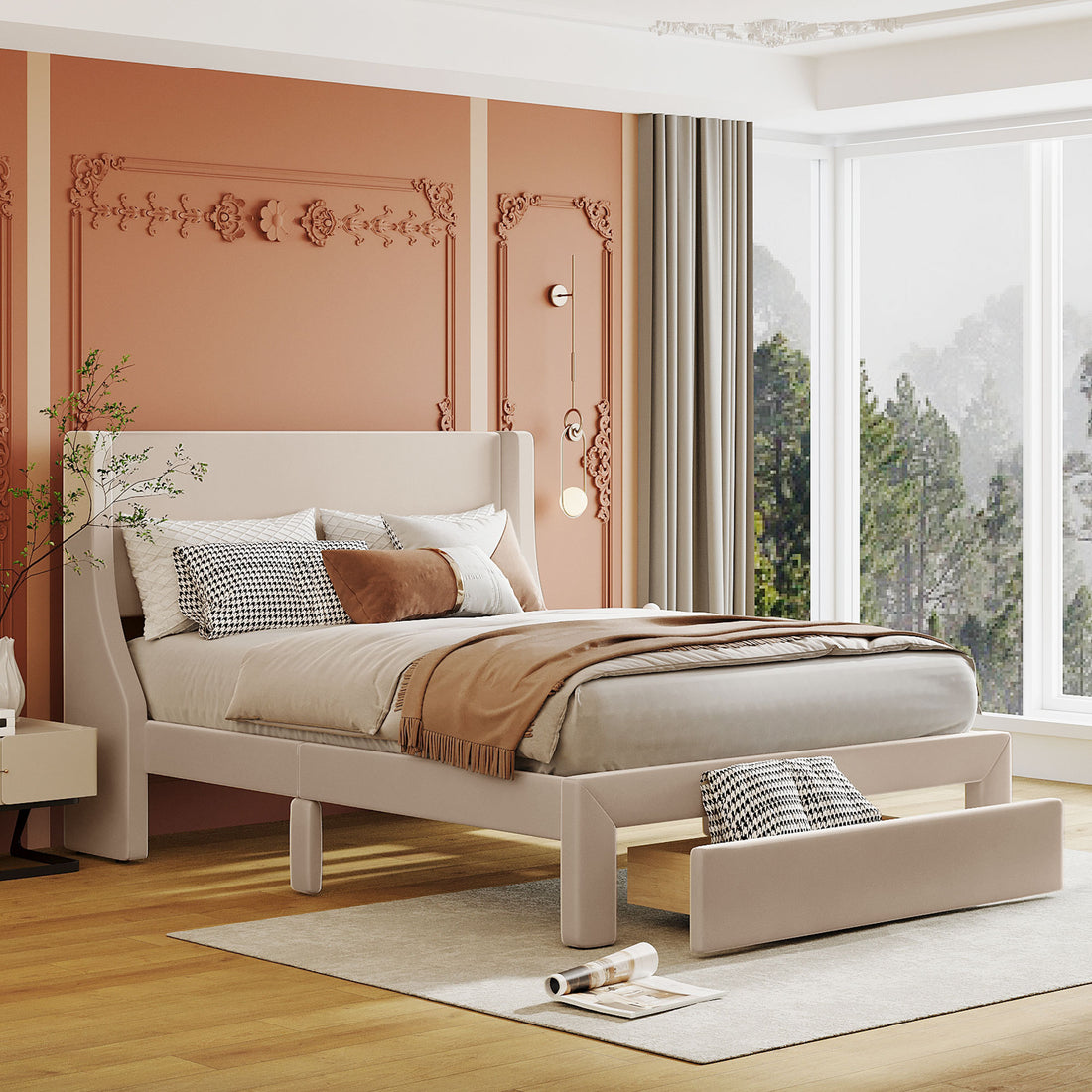 Full Size Storage Bed Velvet Upholstered Platform Bed With A Big Drawer Beige Beige Velvet