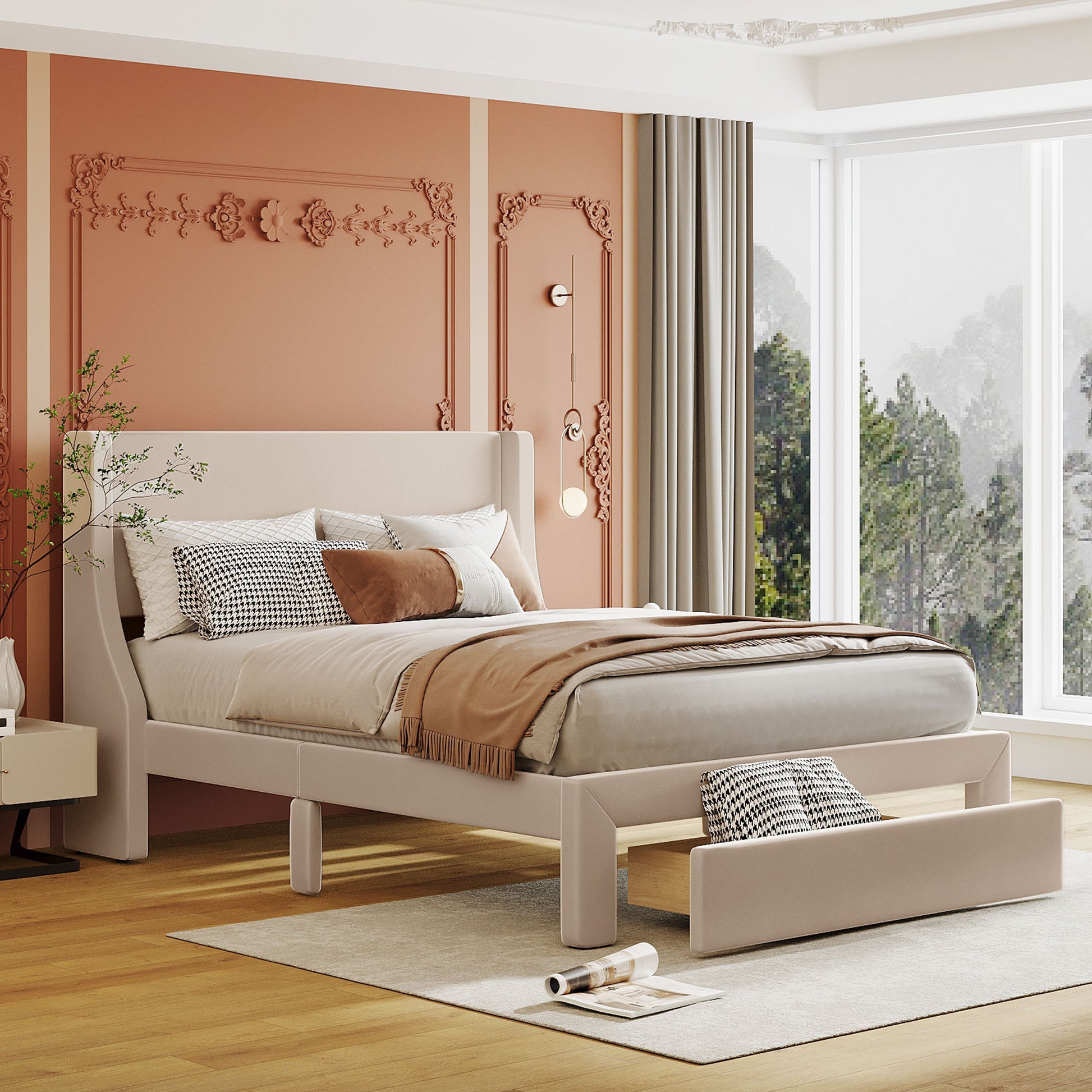 Full Size Storage Bed Velvet Upholstered Platform Bed With A Big Drawer Beige Beige Velvet