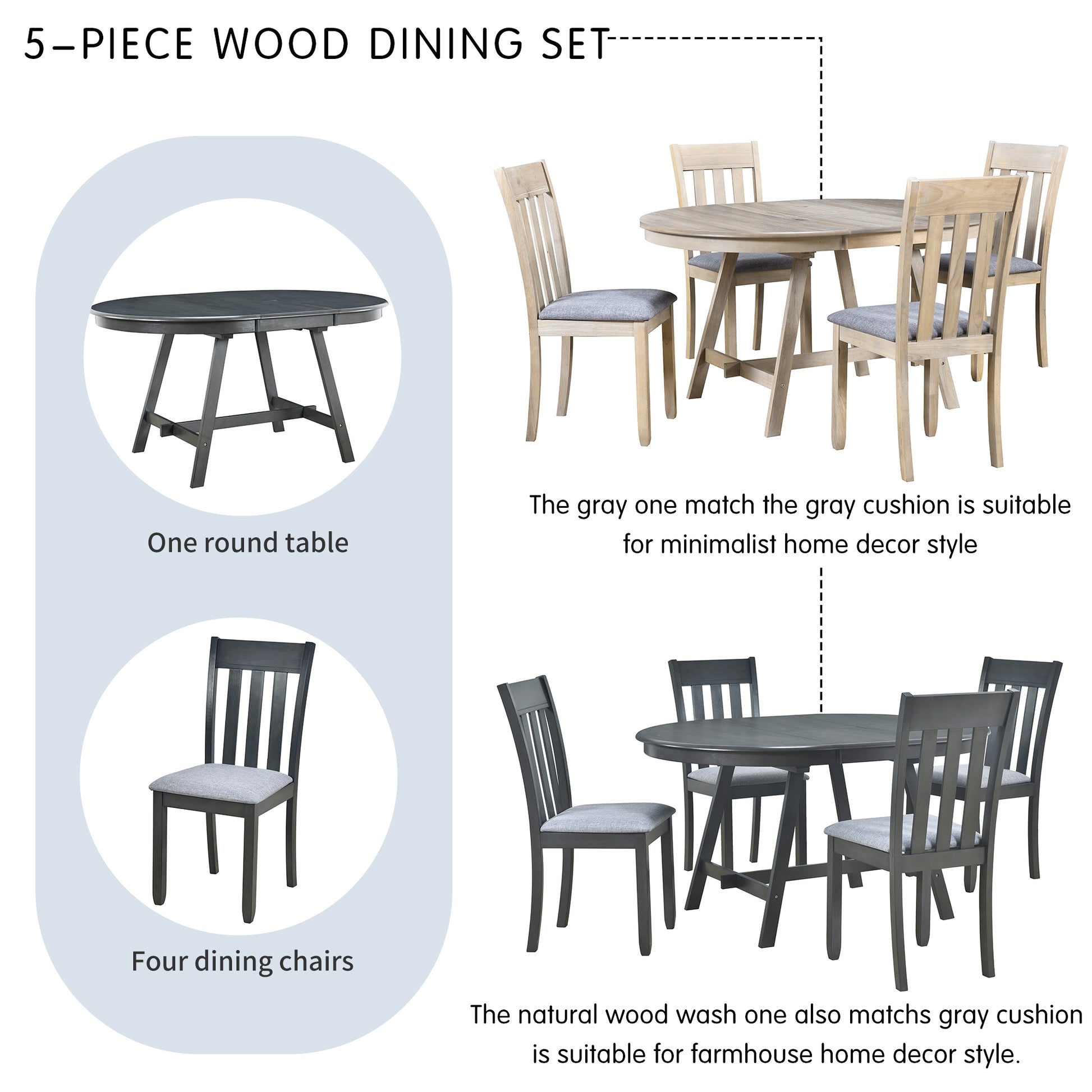 5 Piece Wood Dining Table Set Round Extendable Dining Table With 4 Dining Chairs, Dining Room Table Set For 4 Person For Dining Room Gray Gray Solid Wood