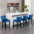 Contemporary Velvet Upholstered Wing Back Barstools With Button Tufted Decoration And Wooden Legs, And Chrome Trim, Leisure Style Bar Chairs,Bar Stools,Set Of 2 Blue ,Sw1824Bl Blue Foam Velvet