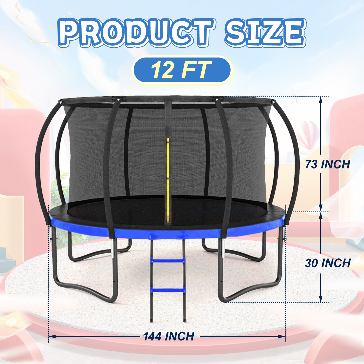 12Ft Outdoor Big Trampoline With Inner Safety Enclosure Net, Ladder, Pvc Spring Cover Padding, For Kids, Black&Blue Color Black Blue Metal