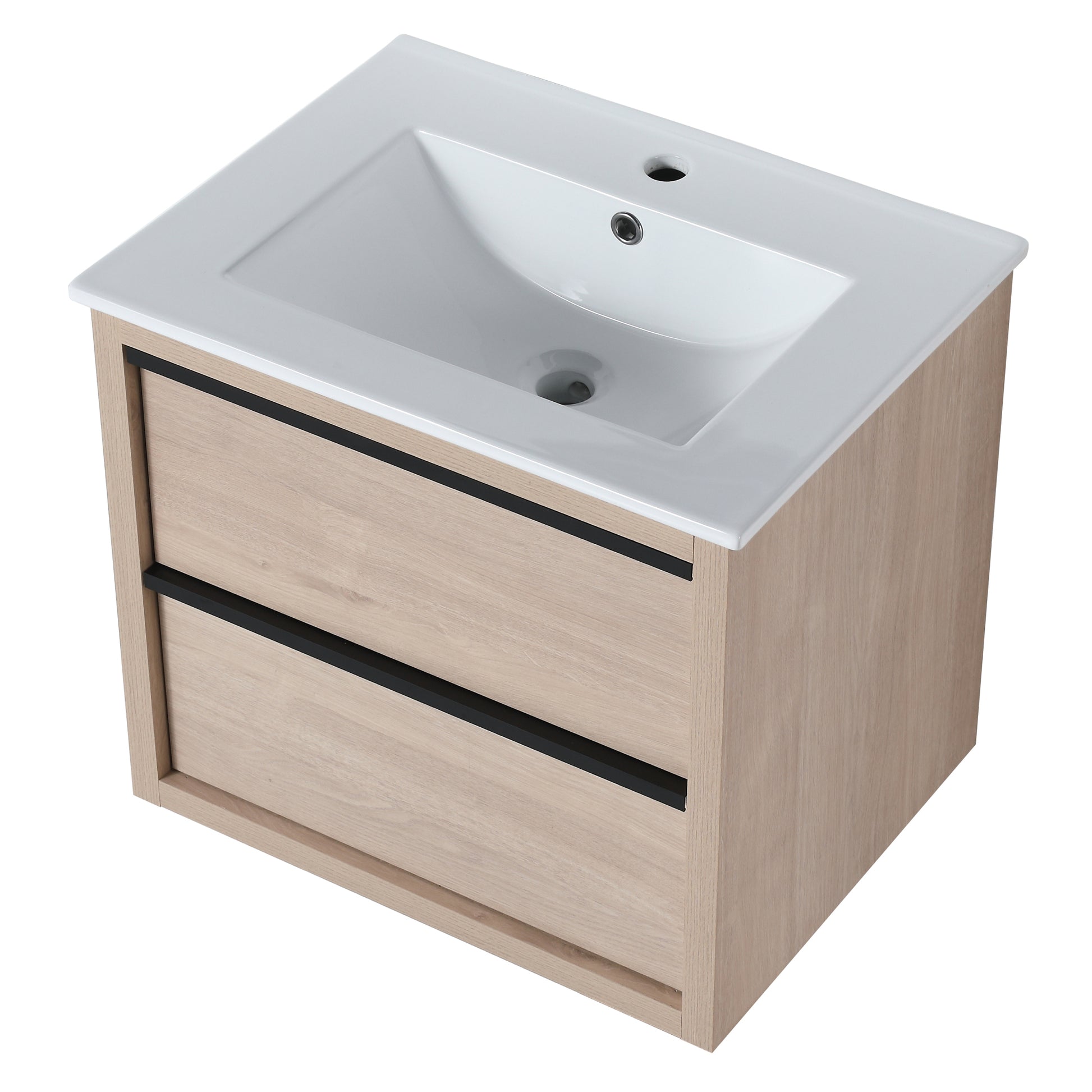 24" Bathroom Vanity With 2 Soft Close Drawers, White Ceramic Basin Bva02524Plo G Bl9060B W1286S00034 2 Plain Light Oak Bathroom Wall Mounted Modern Plywood