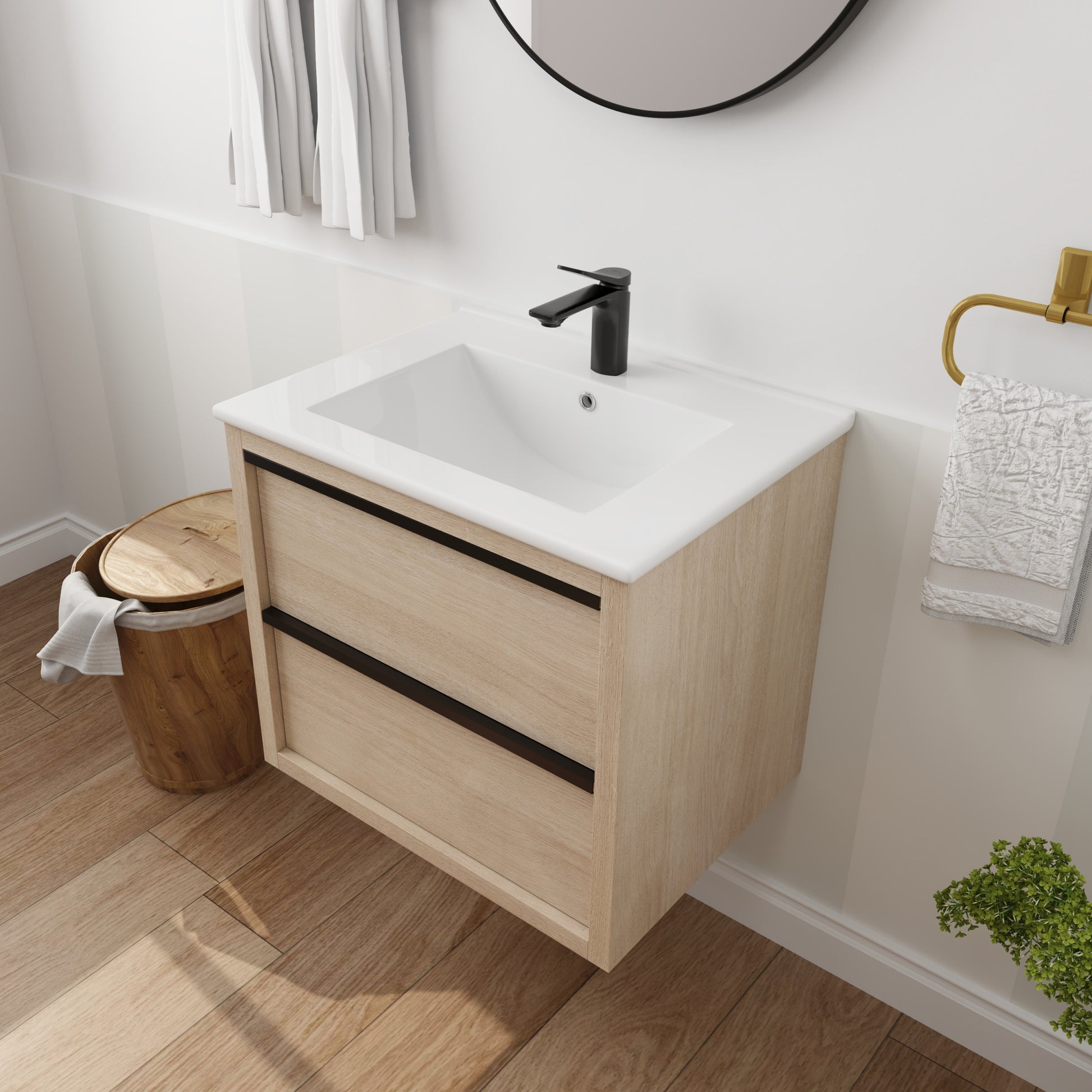 24" Bathroom Vanity with 2 Soft Close drawers, White 2-plain light oak-bathroom-wall