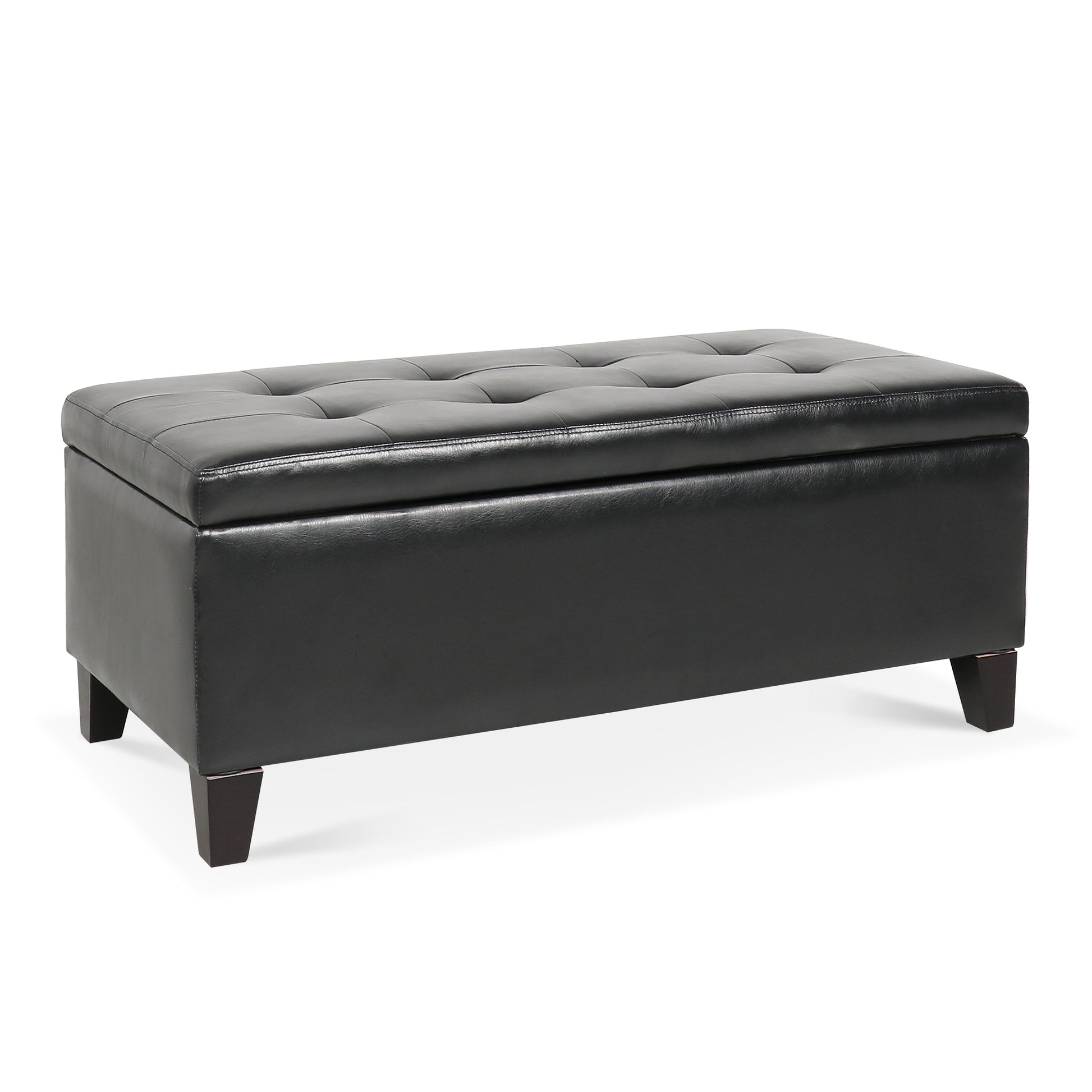 Storage Ottoman With Wooden Legs, Faux Leather Ottoman With Storage For Living Room, Bedroom & Hallway, Ottoman Foot Rest, 38.4" Black Ottoman Black Pu Foam Pu