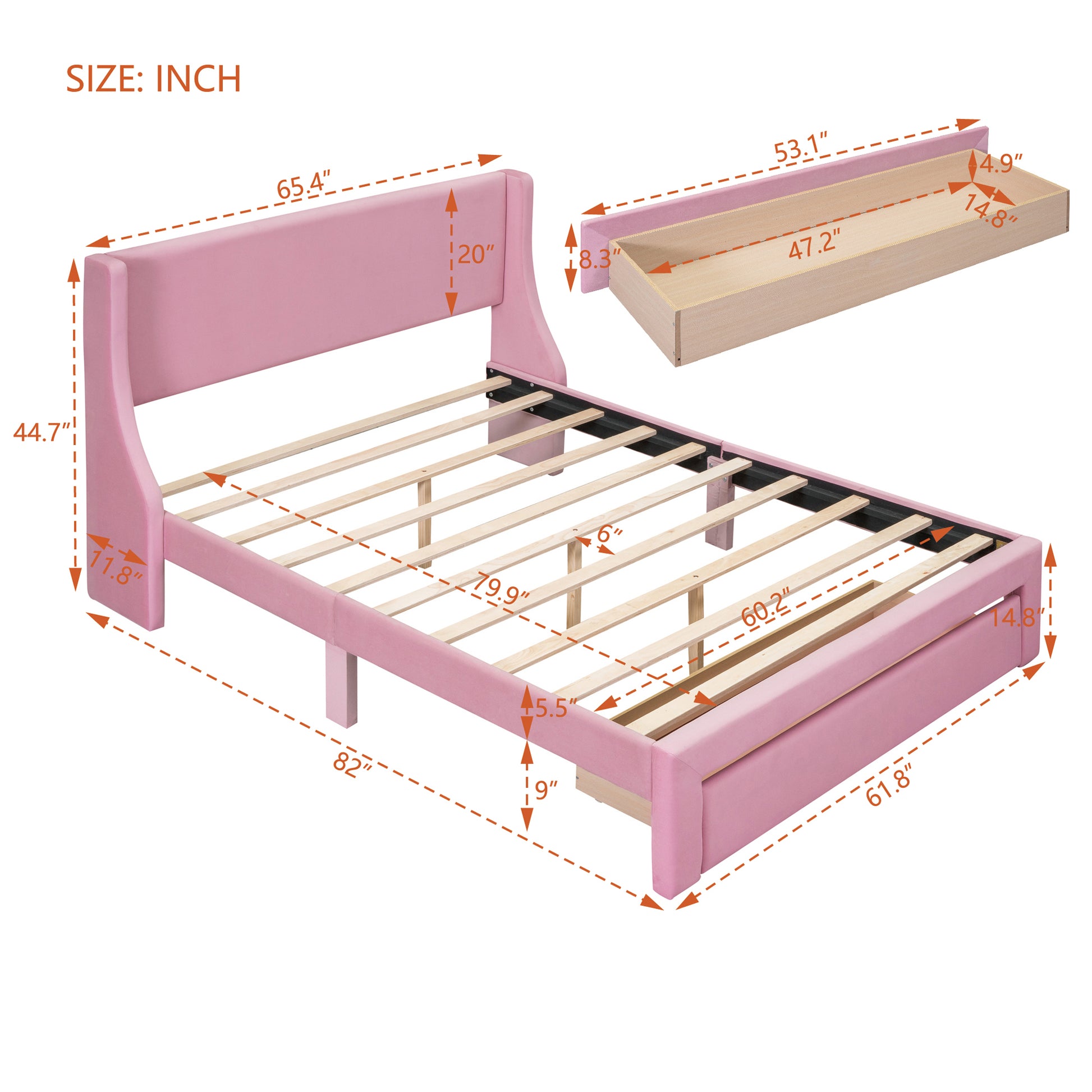 Queen Size Storage Bed Velvet Upholstered Platform Bed With A Big Drawer Pink Pink Velvet