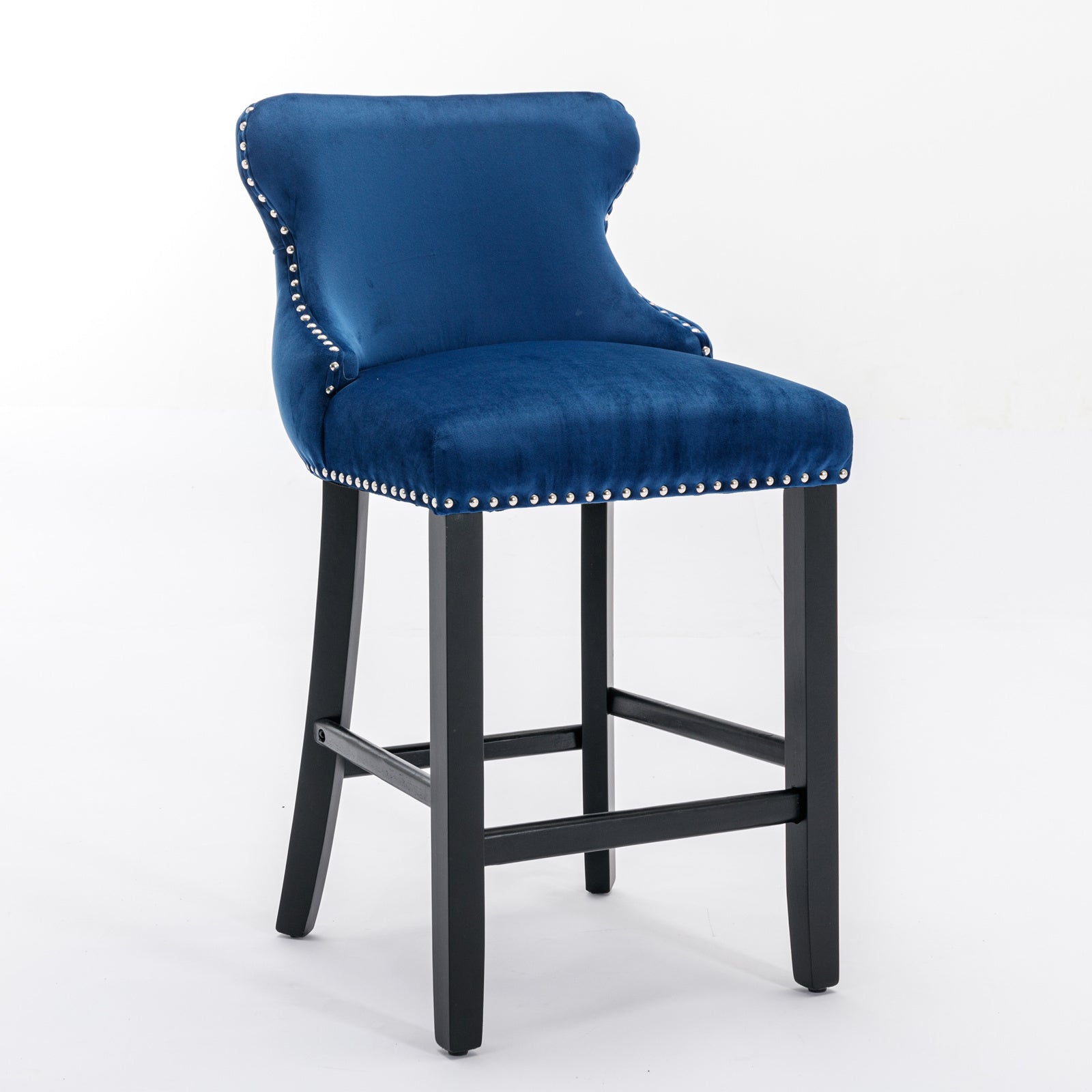 Contemporary Velvet Upholstered Wing Back Barstools With Button Tufted Decoration And Wooden Legs, And Chrome Trim, Leisure Style Bar Chairs,Bar Stools,Set Of 2 Blue ,Sw1824Bl Blue Foam Velvet