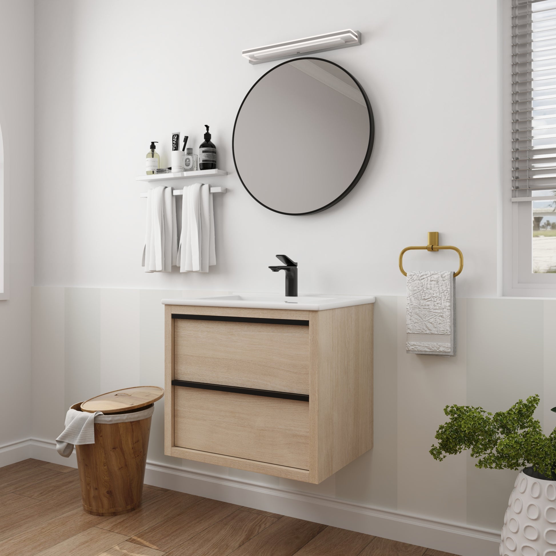 24" Bathroom Vanity with 2 Soft Close drawers, White 2-plain light oak-bathroom-wall