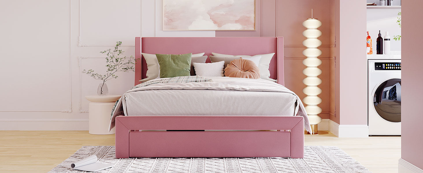 Queen Size Storage Bed Velvet Upholstered Platform Bed With A Big Drawer Pink Pink Velvet