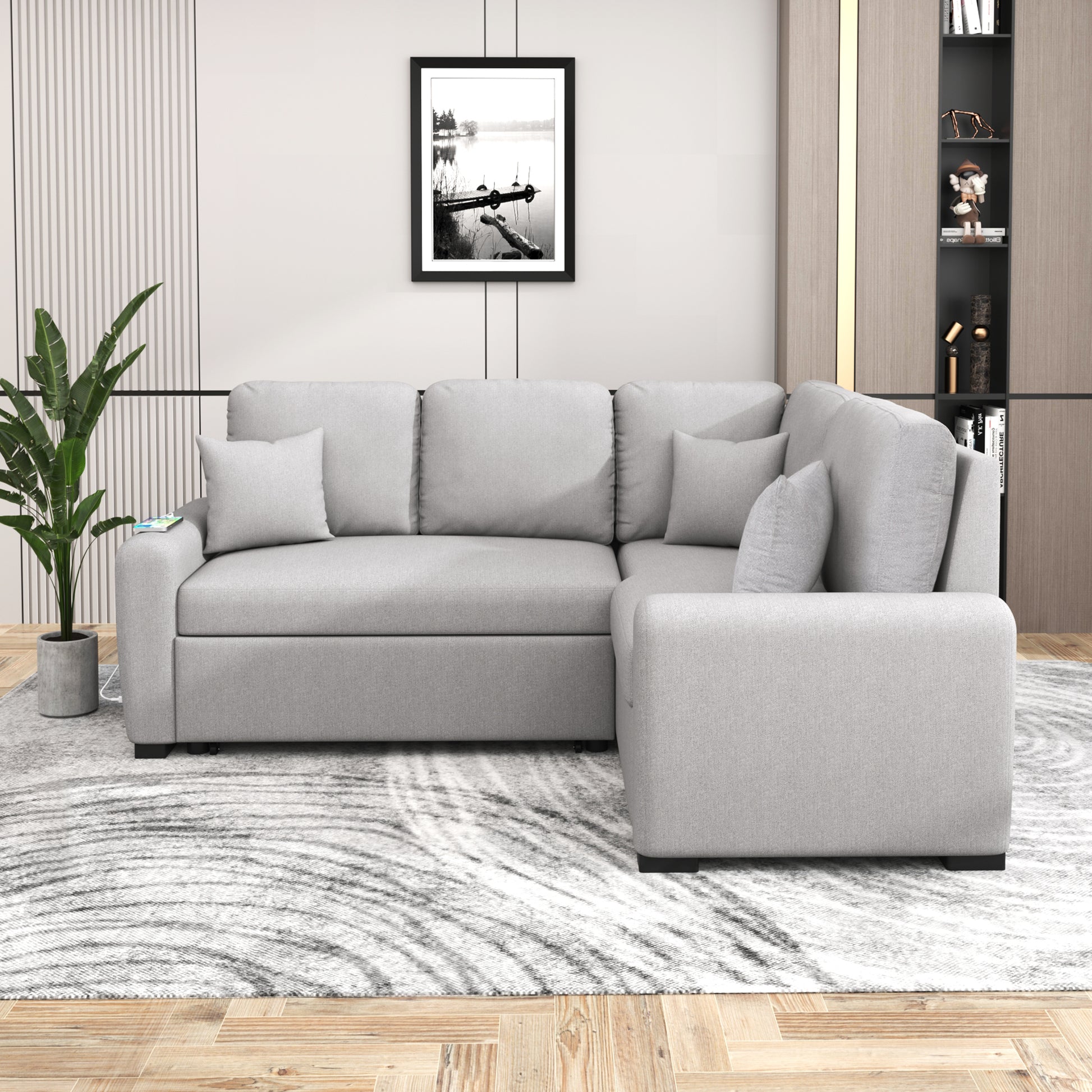 76.7"Sectional Sleeper Sofa With Usb Charging Port And Plug Outlet,Pull Out Sofa Bed With 3 Pillows, L Shape Chaise For Living Room Small Apartment,Grey Grey Foam Velvet 3 Seat