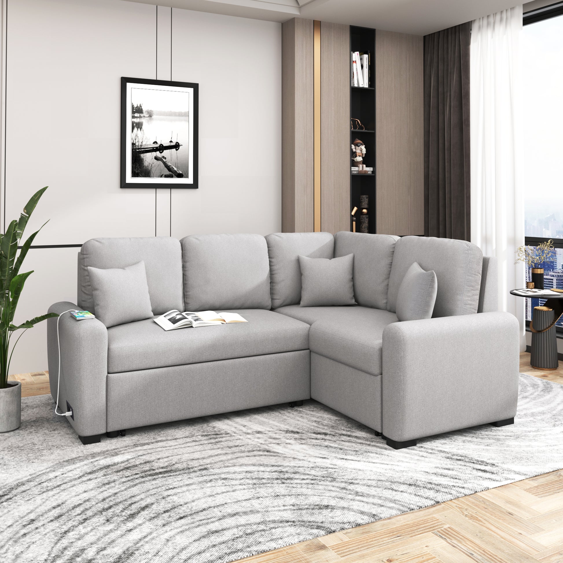 76.7"Sectional Sleeper Sofa With Usb Charging Port And Plug Outlet,Pull Out Sofa Bed With 3 Pillows, L Shape Chaise For Living Room Small Apartment,Grey Grey Foam Velvet 3 Seat